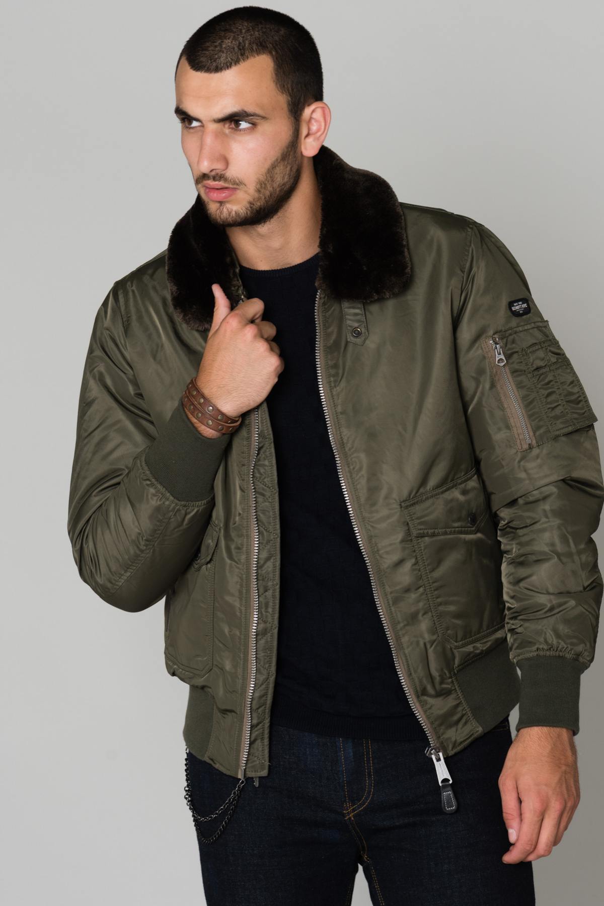 Khaki pilot jacket with synthetic fur collar - Image n°2