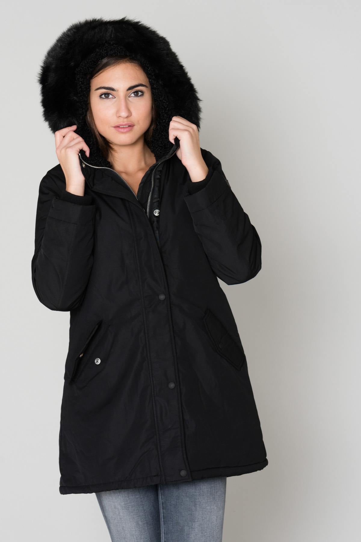 Women's black parka with fur collar - Image n°7