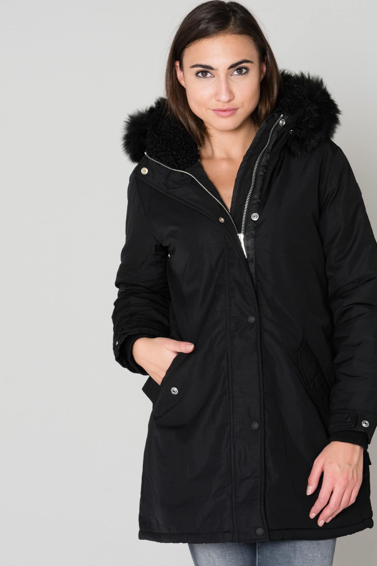 Women's black parka with fur collar - Image n°1