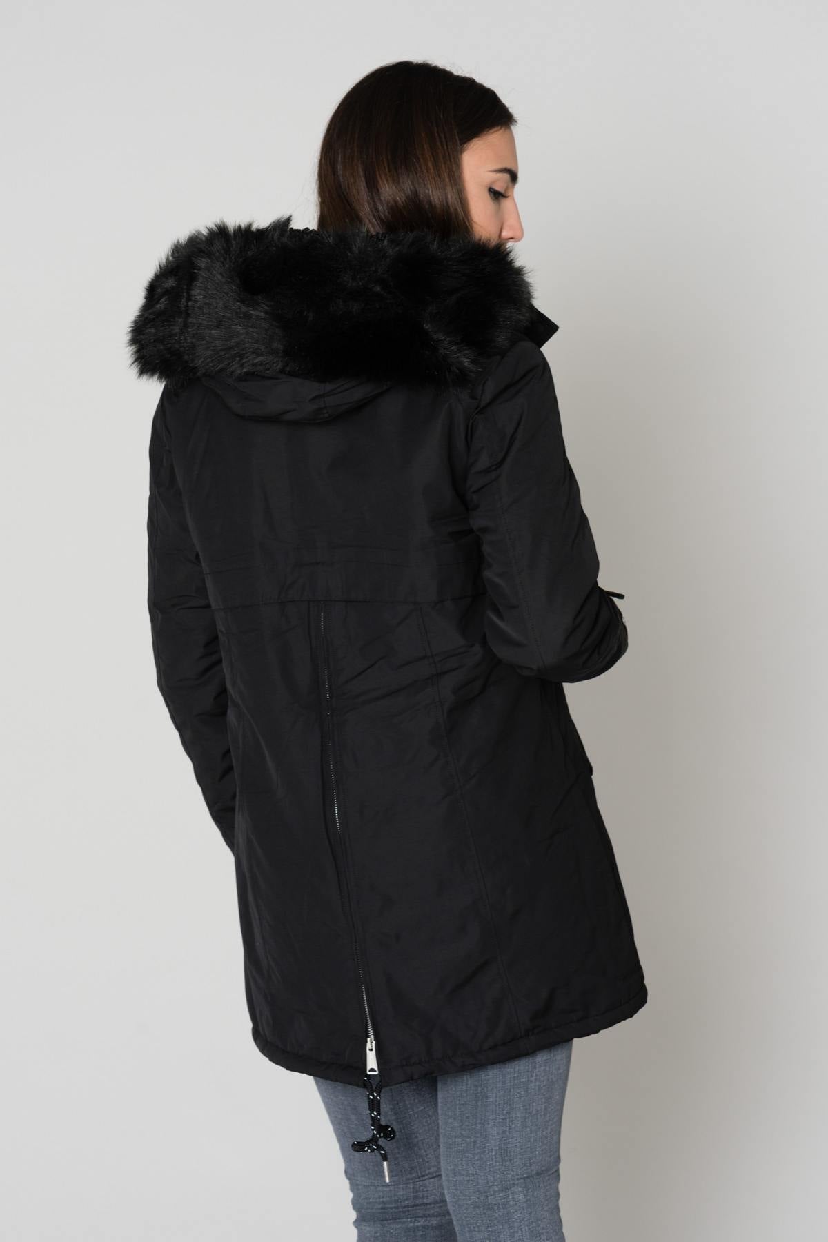 Women's black parka with fur collar - Image n°5