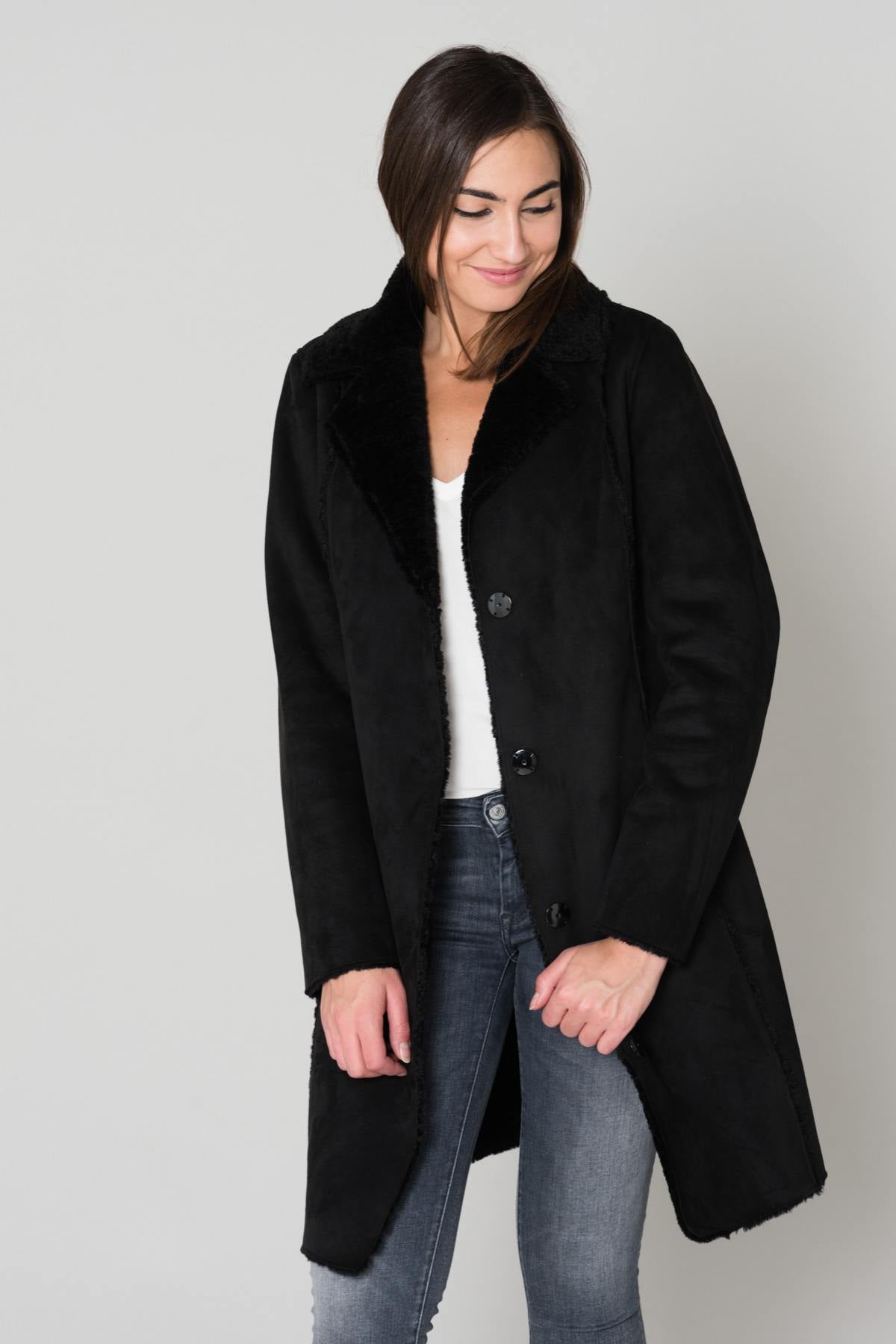 Women's black mid-length jacket - Image n°1