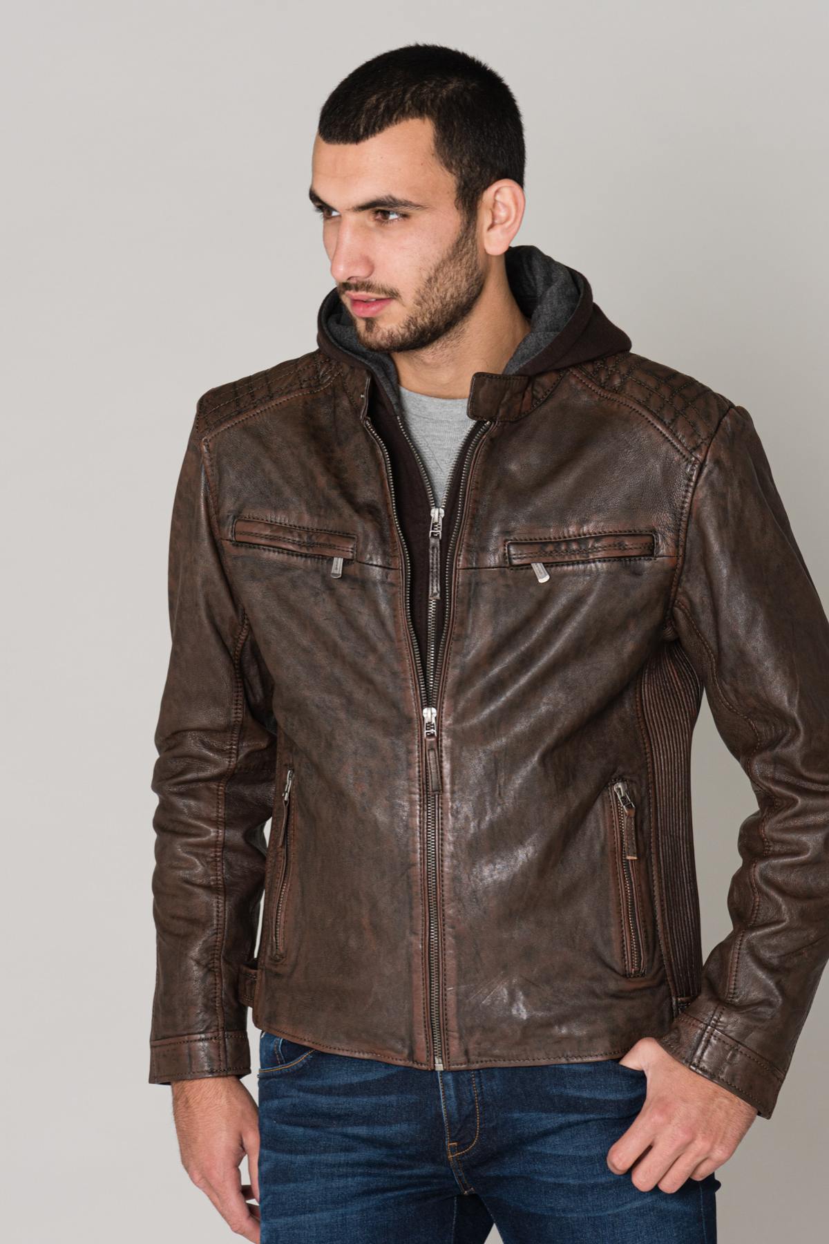 Men's brown sheepskin leather jacket - Image n°1