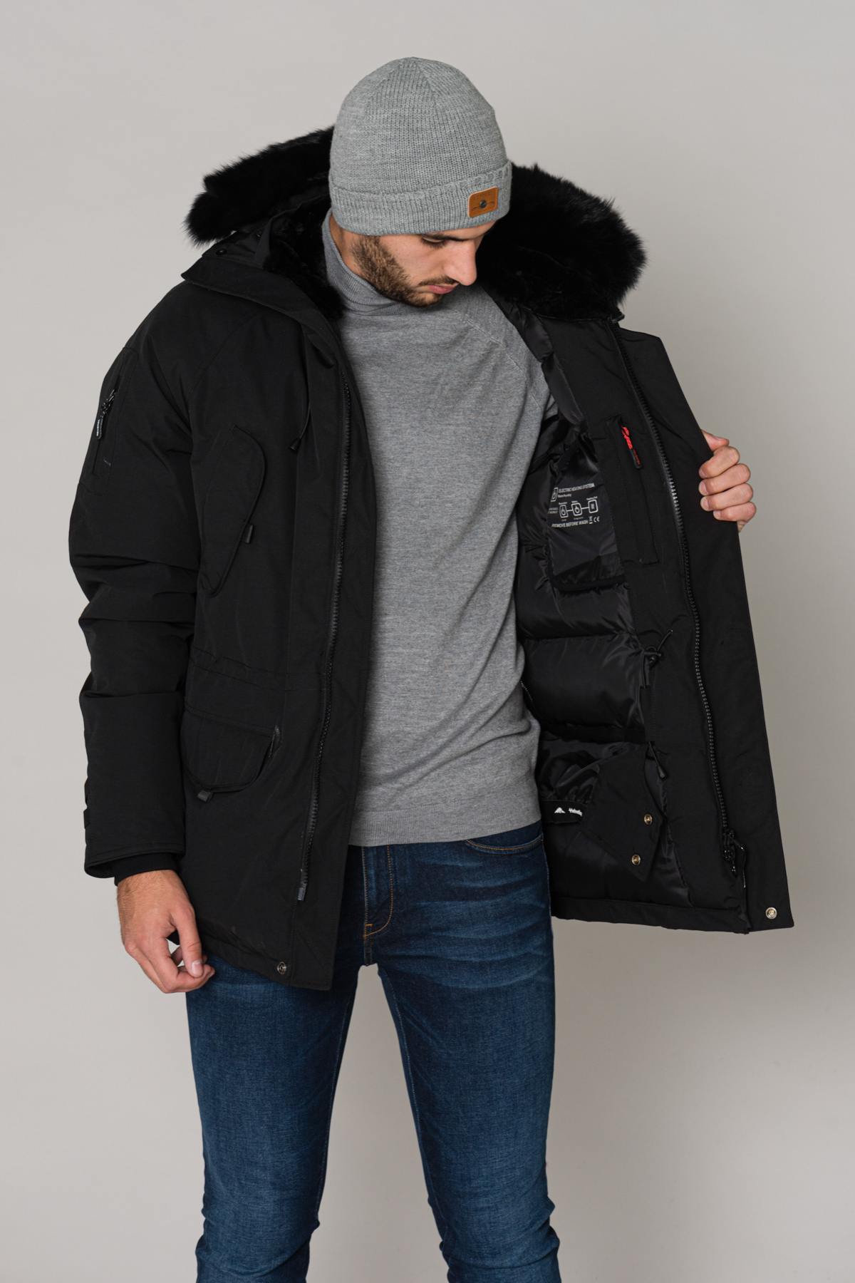 Black heated coat with fur - Image n°5