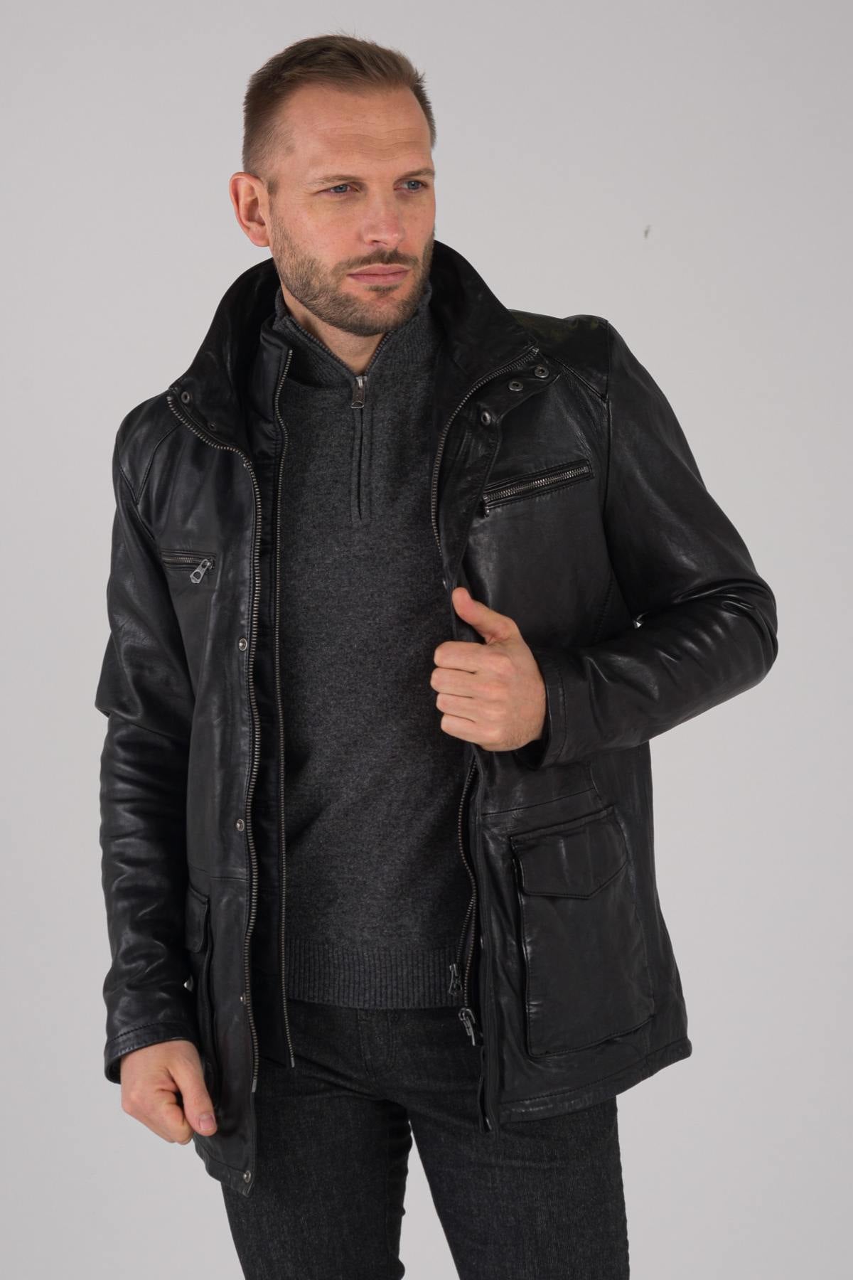 Men's black leather jacket - Image n°3