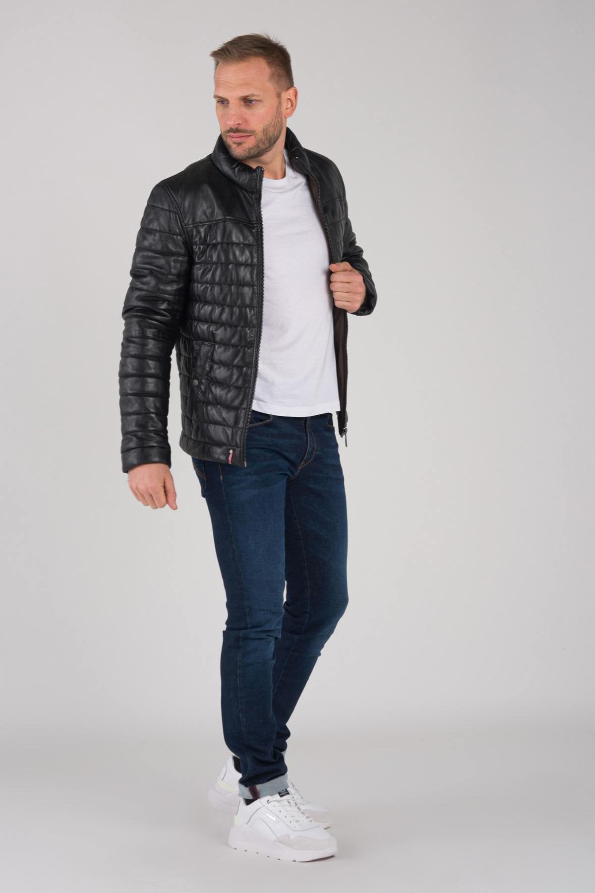 Men's black leather down jacket - Image n°2