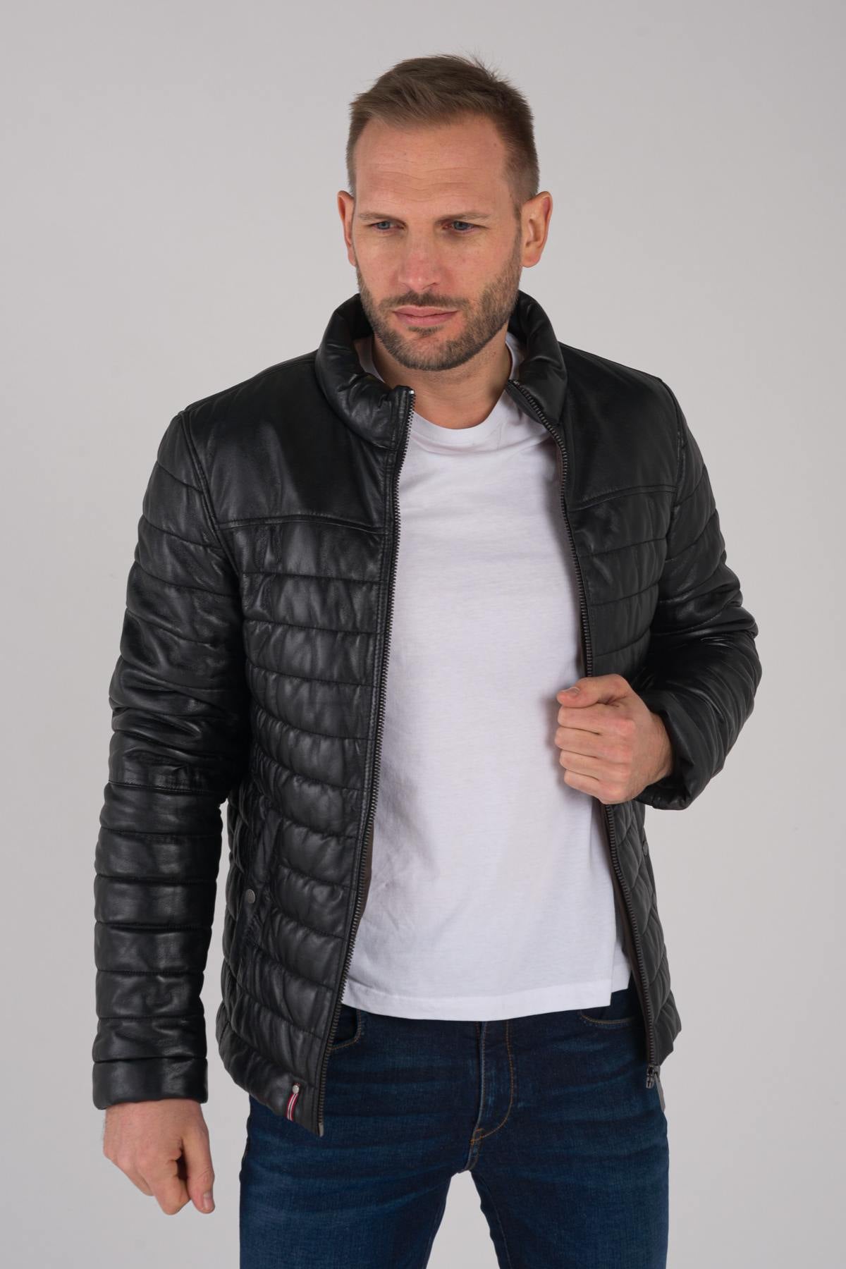 Men's black leather down jacket - Image n°3