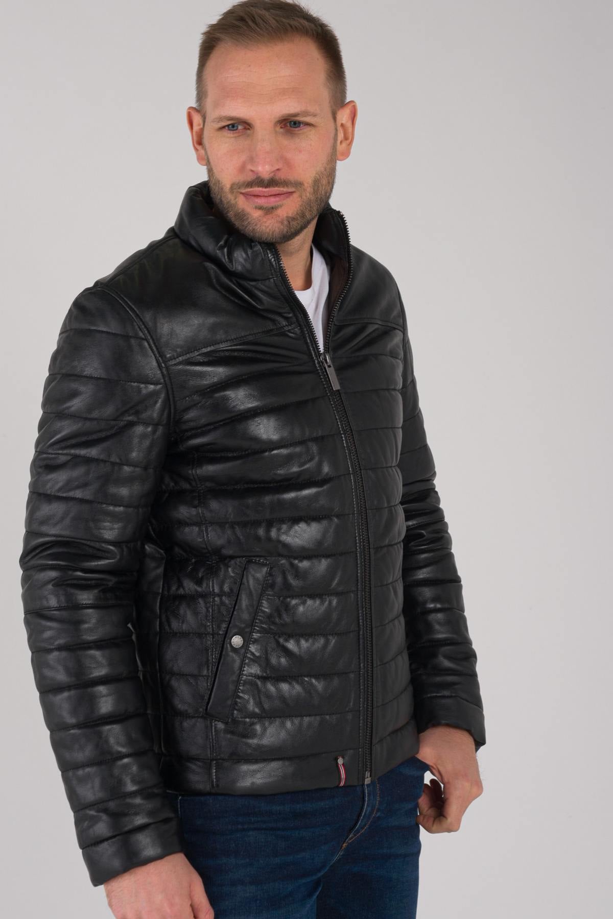 Men's black leather down jacket - Image n°1