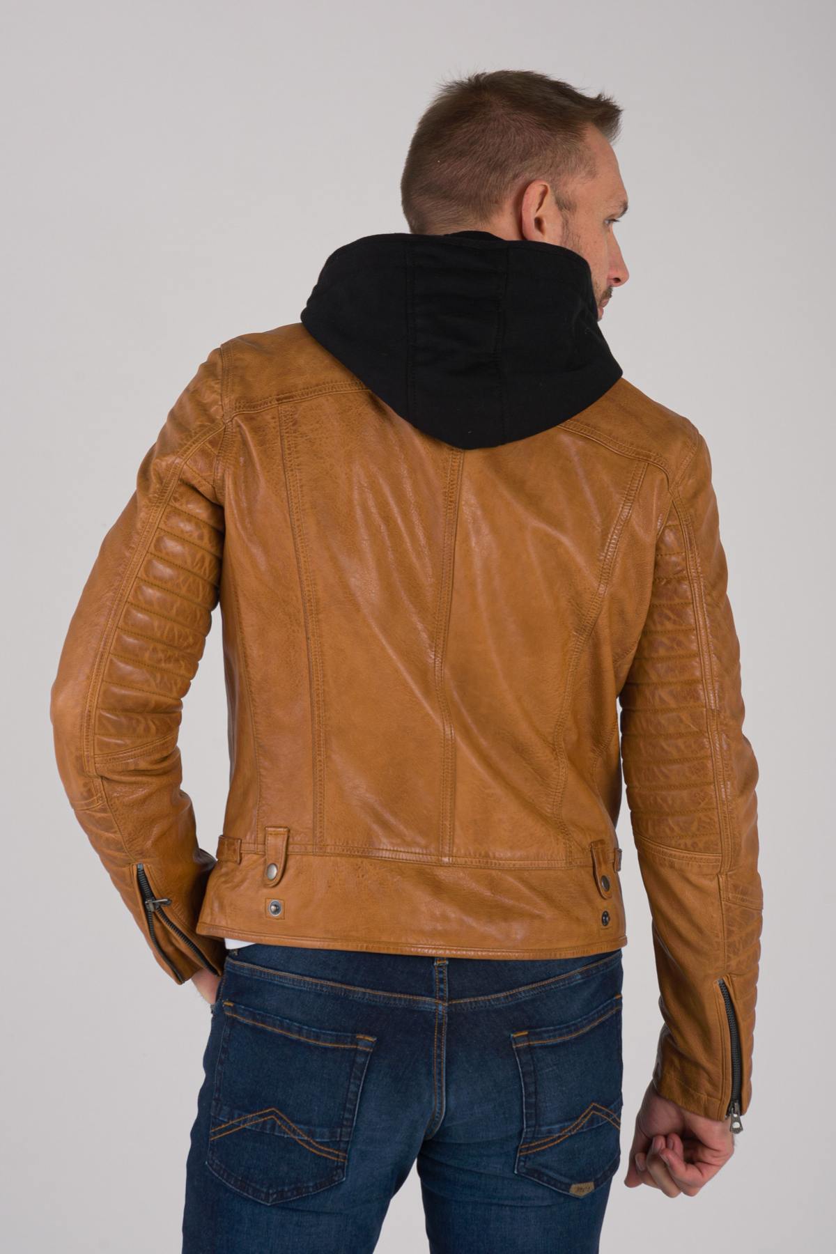 Cognac leather jacket with black hood - Image n°5