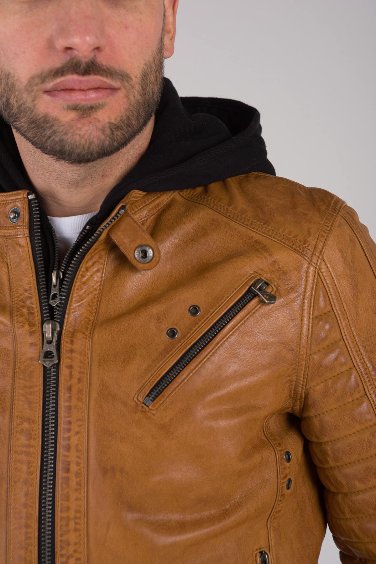 Cognac leather jacket with black hood - Image n°7