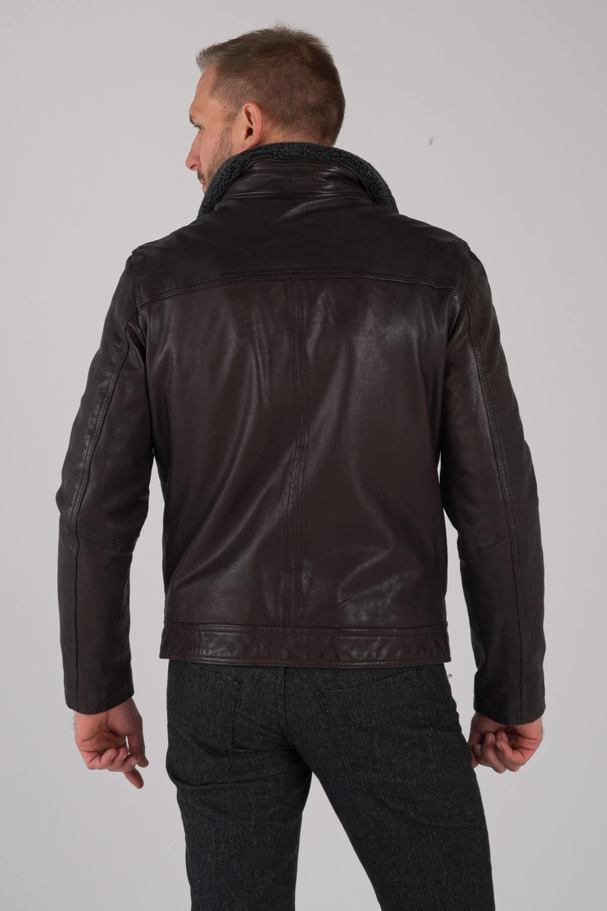 Dark brown leather jacket with fur collar - Image n°5