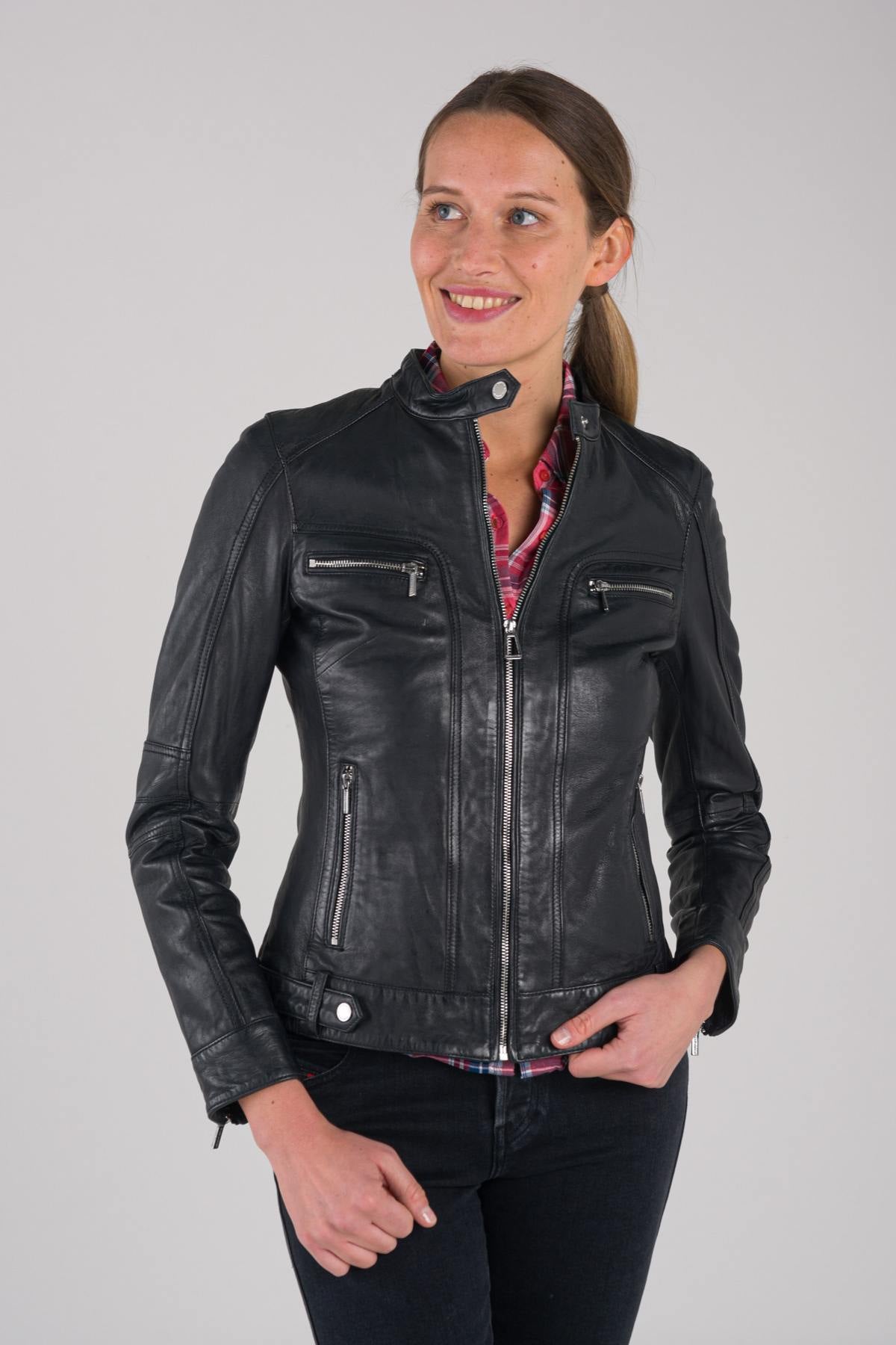 Navy blue leather jacket - Image n°1