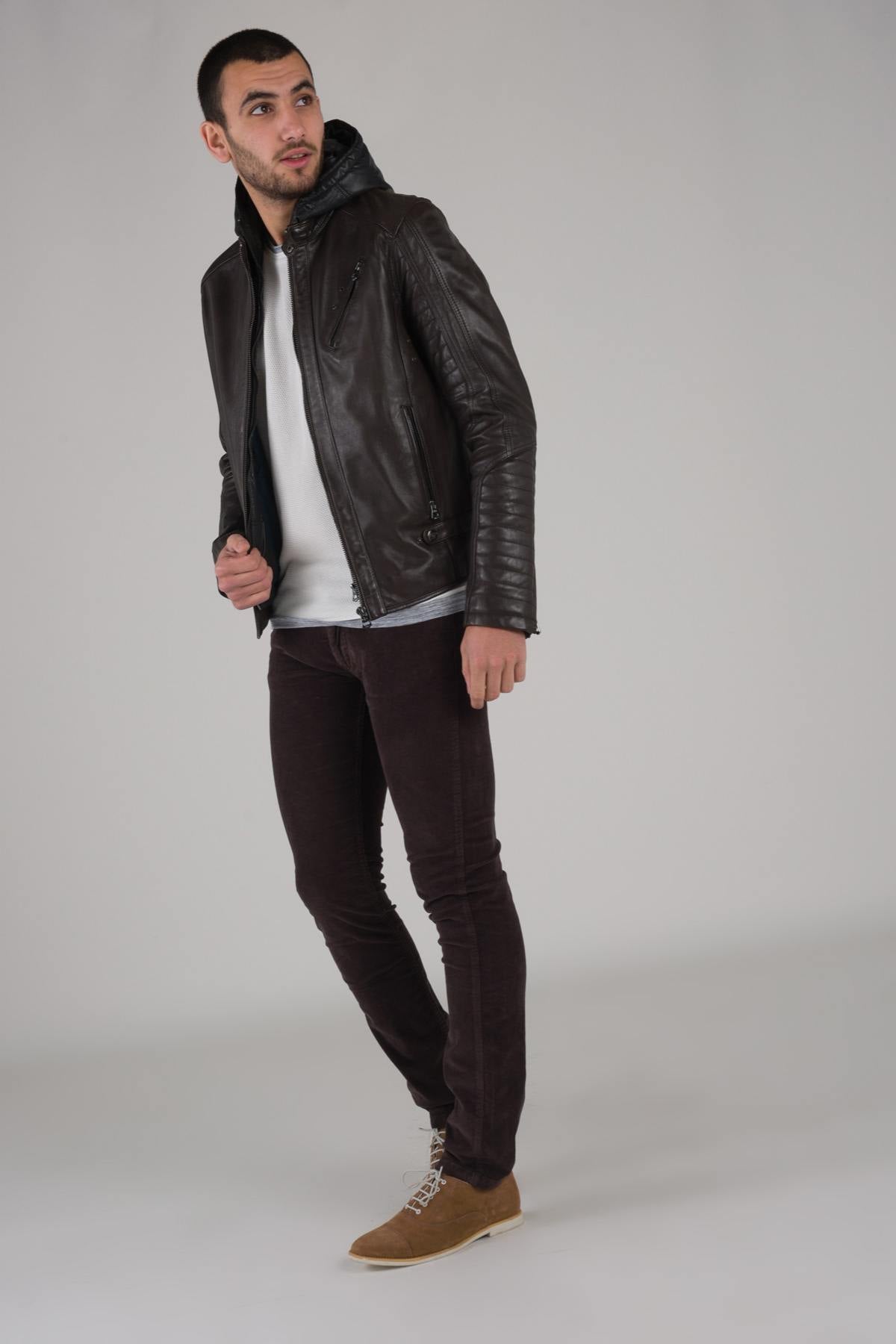 Brown leather jacket with facing - Image n°2