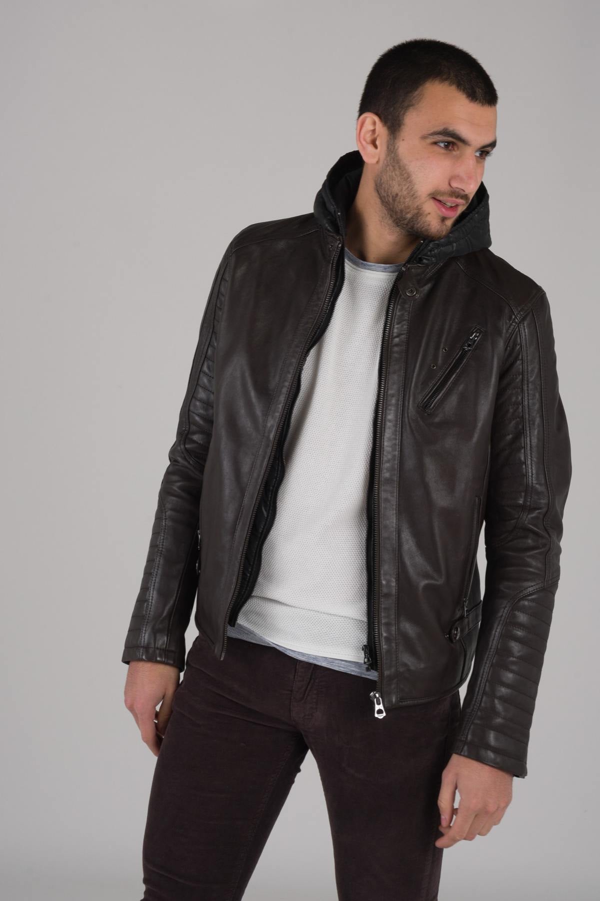 Brown leather jacket with facing - Image n°3