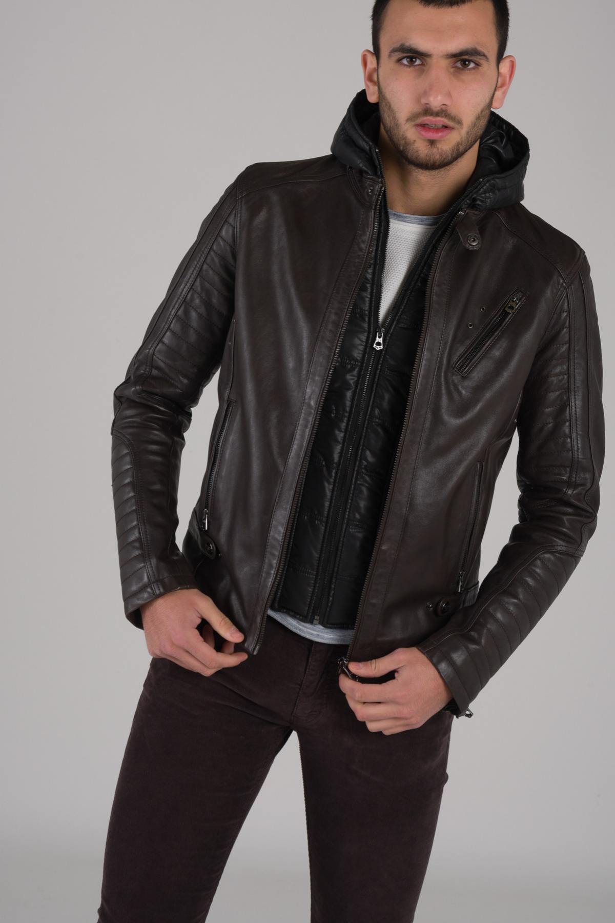 Brown leather jacket with facing - Image n°5