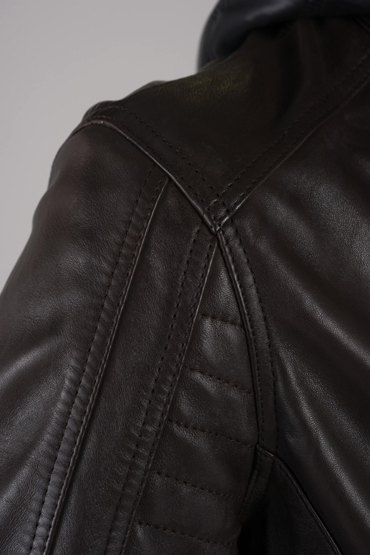 Brown leather jacket with facing - Image n°9