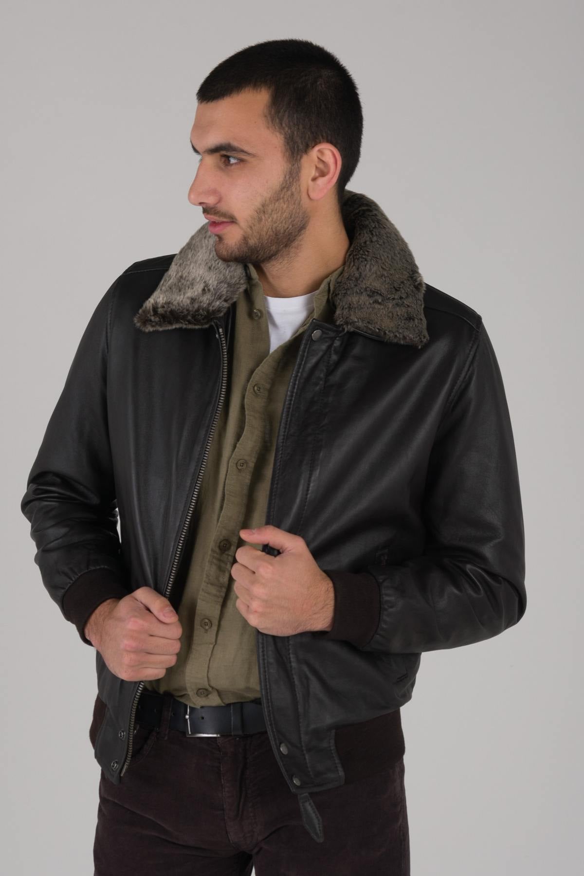 Brown pilot look leather jacket - Image n°3