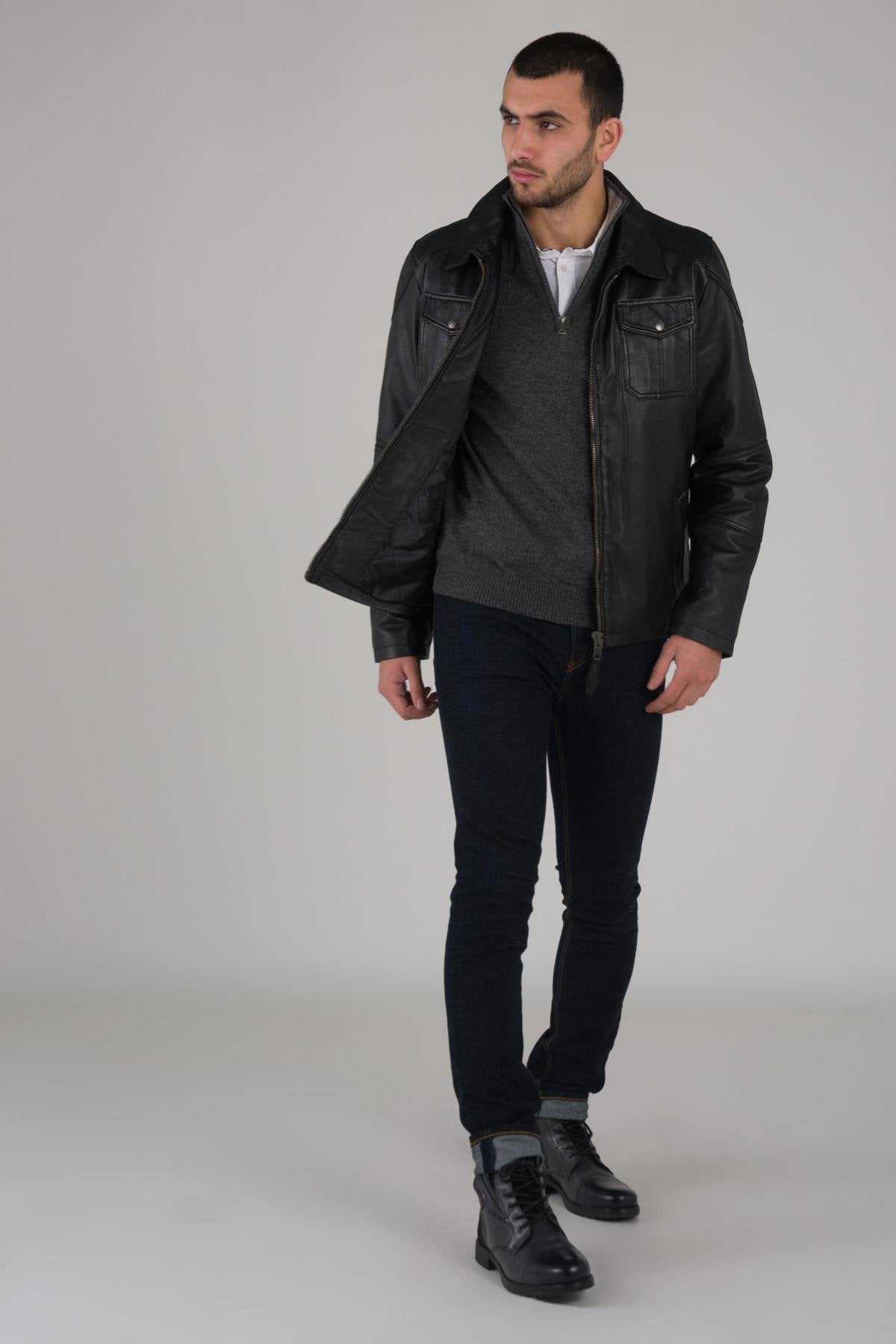 Classic black shirt collar jacket - Image n°4