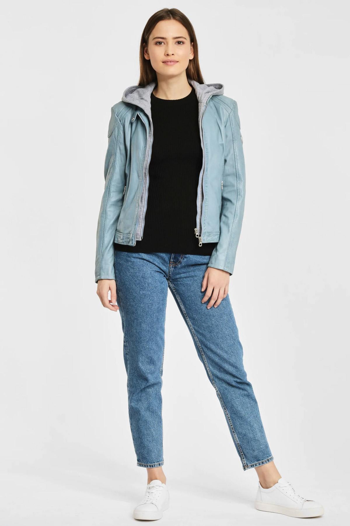 Pastel blue leather jacket with hood - Image n°2