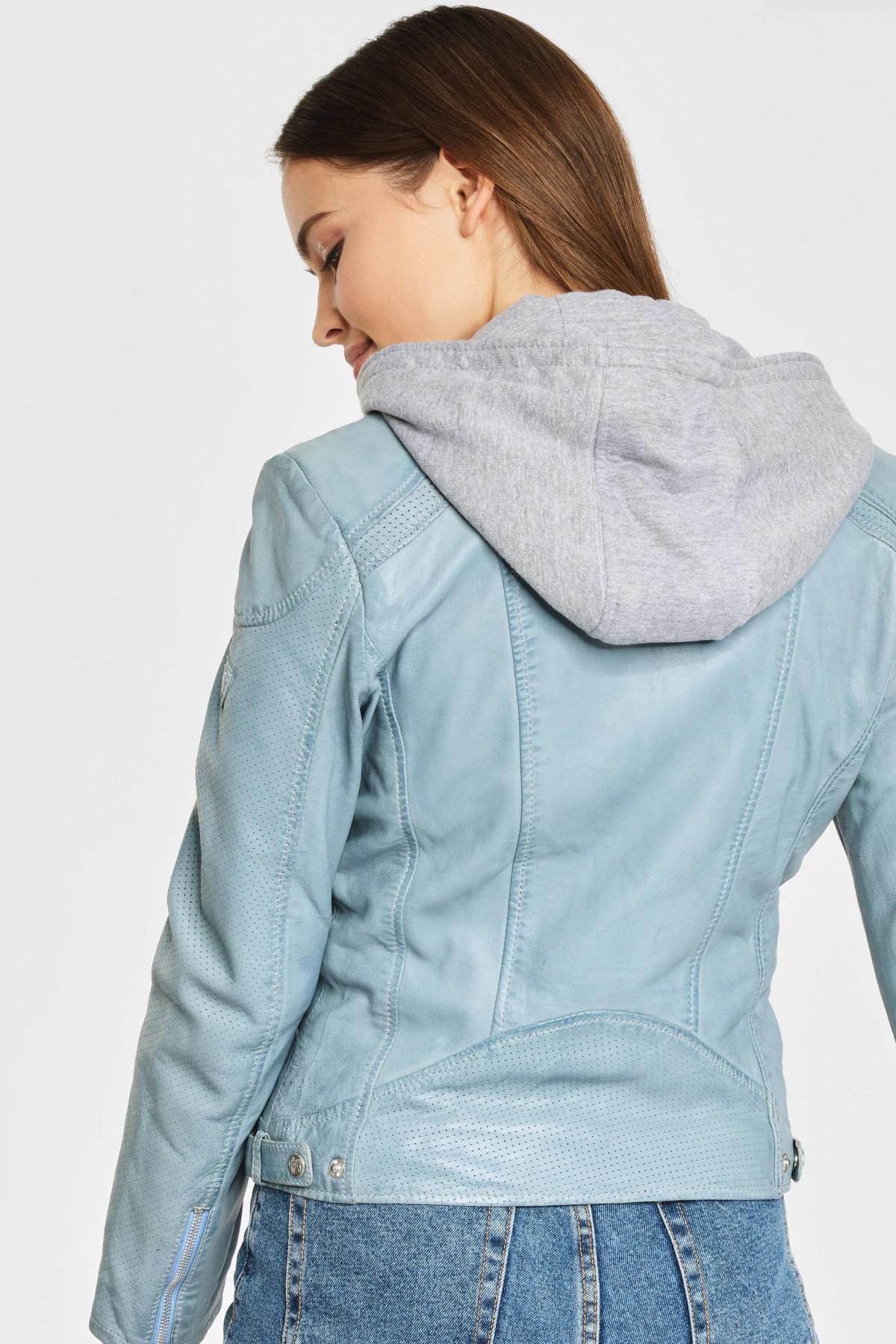 Pastel blue leather jacket with hood - Image n°3