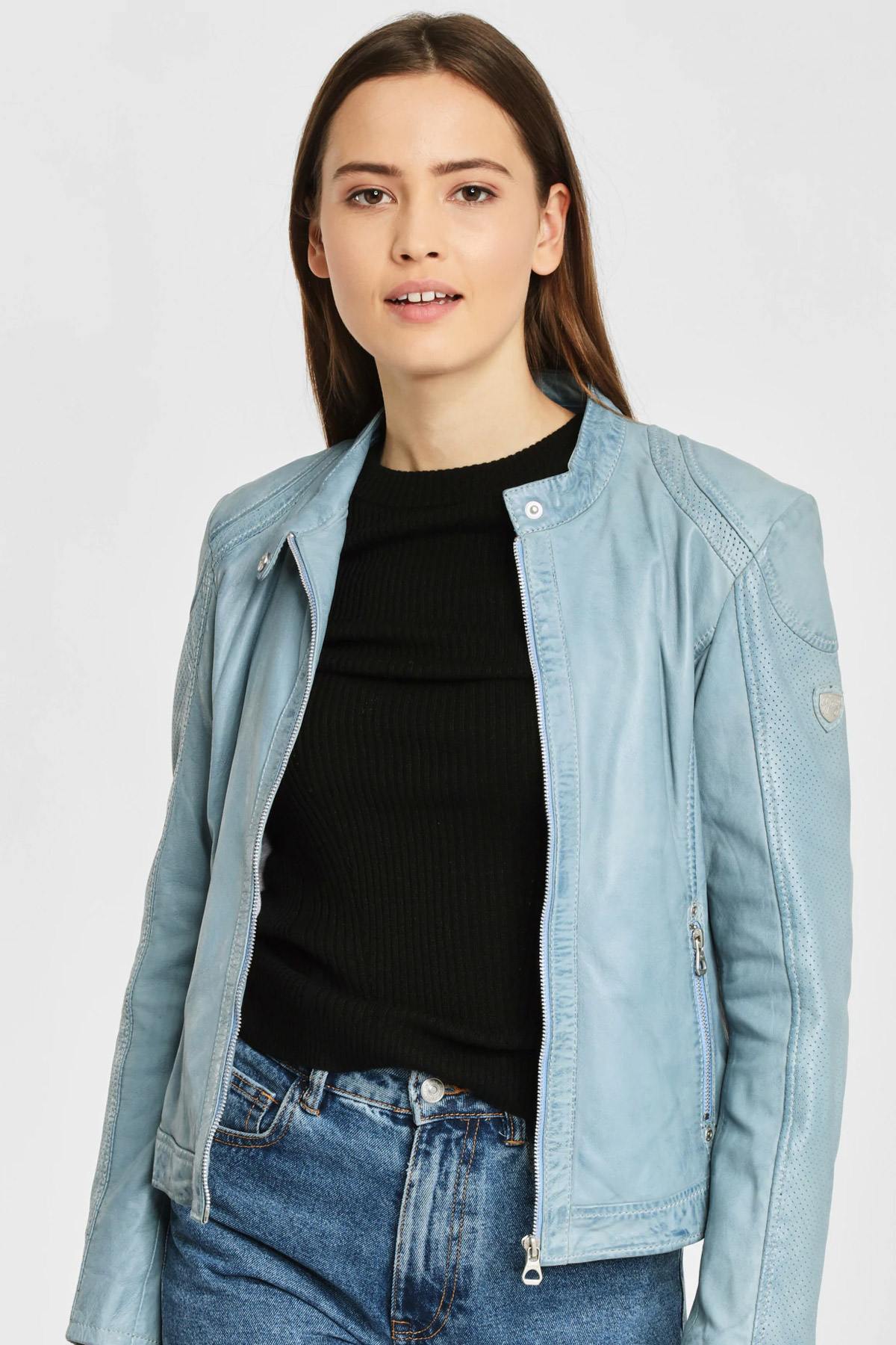 Pastel blue leather jacket with hood - Image n°4