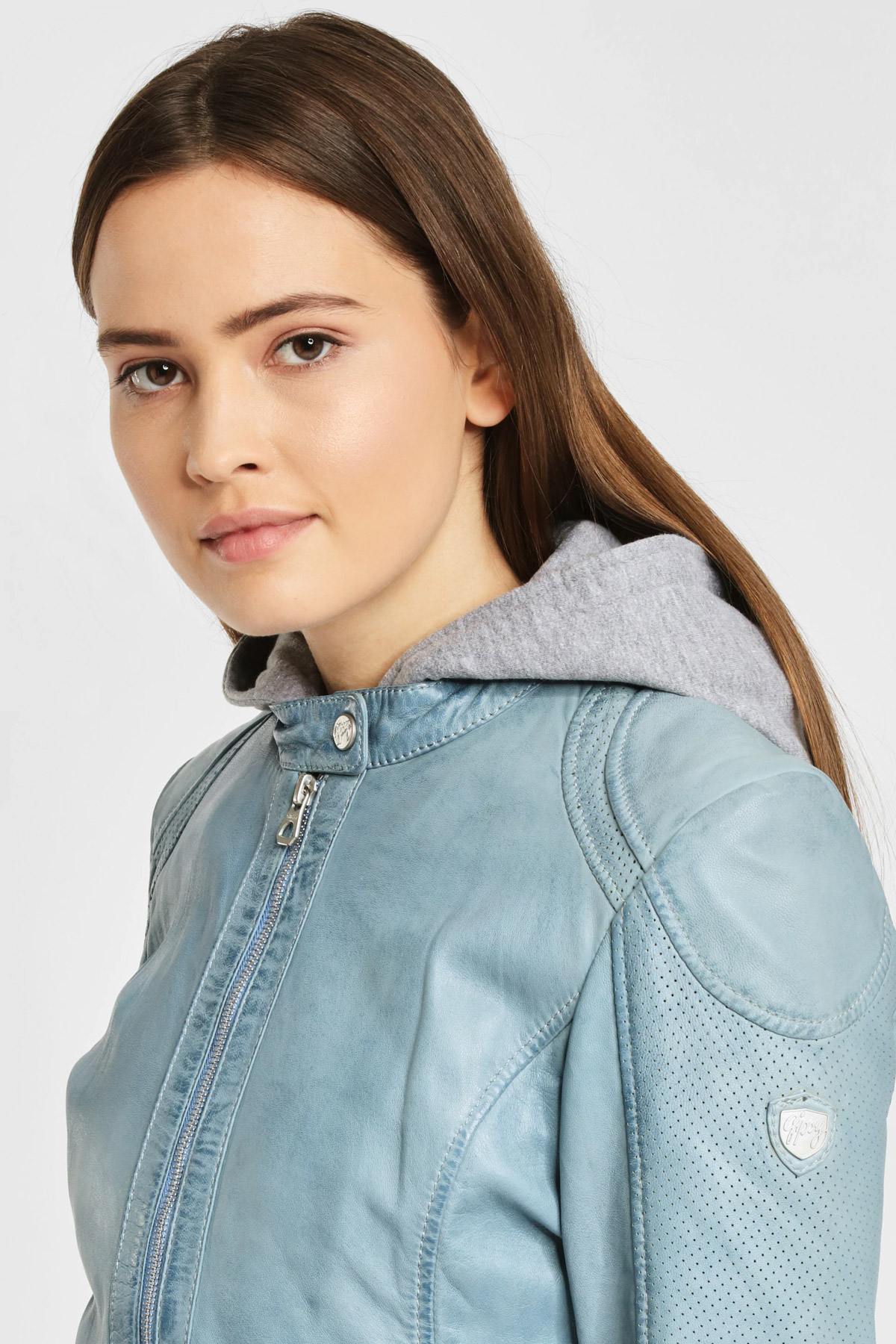 Pastel blue leather jacket with hood - Image n°5