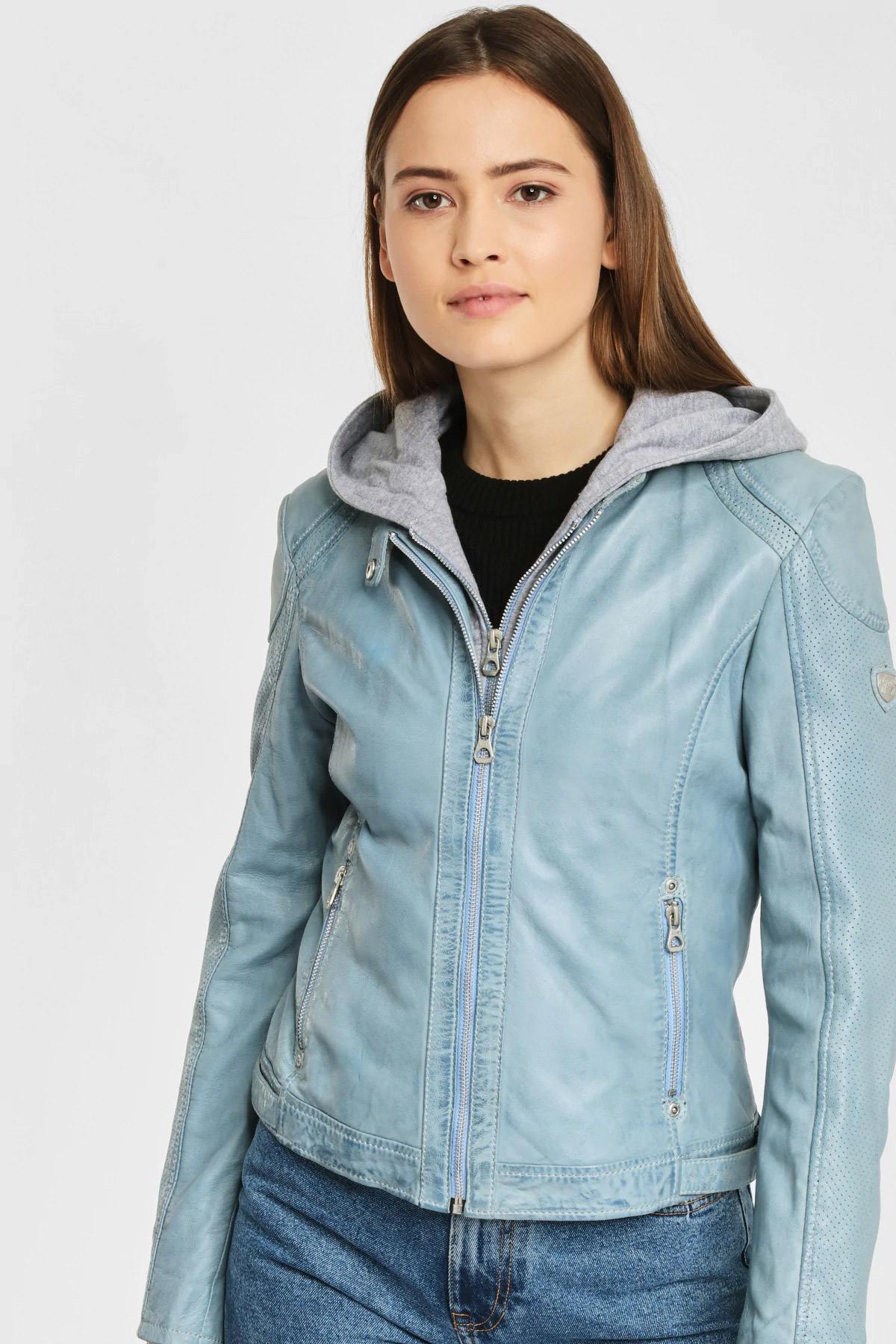 Pastel blue leather jacket with hood - Image n°1