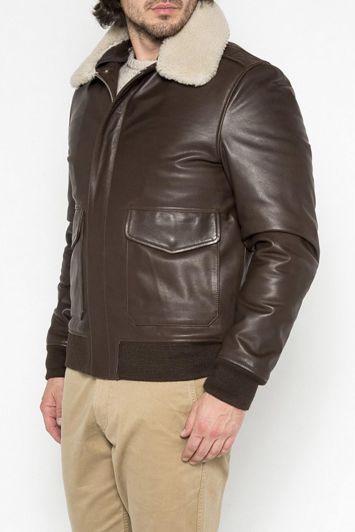 Brown bomber jacket with white removable collar - Image n°2