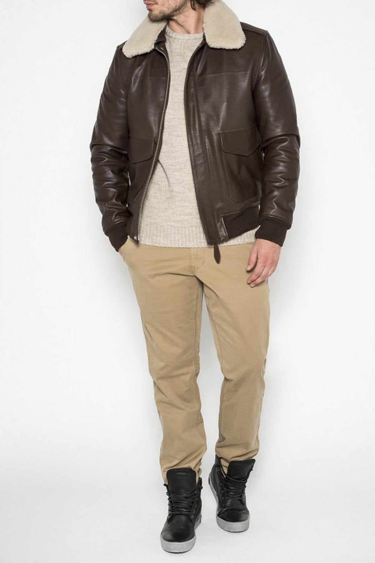 Brown bomber jacket with white removable collar - Image n°3