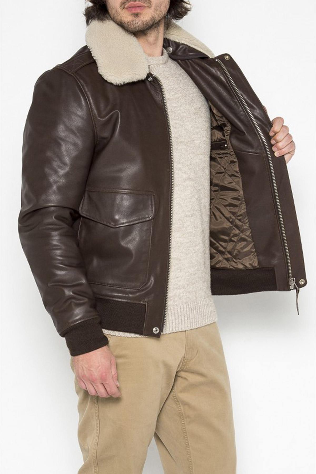 Brown bomber jacket with white removable collar - Image n°4