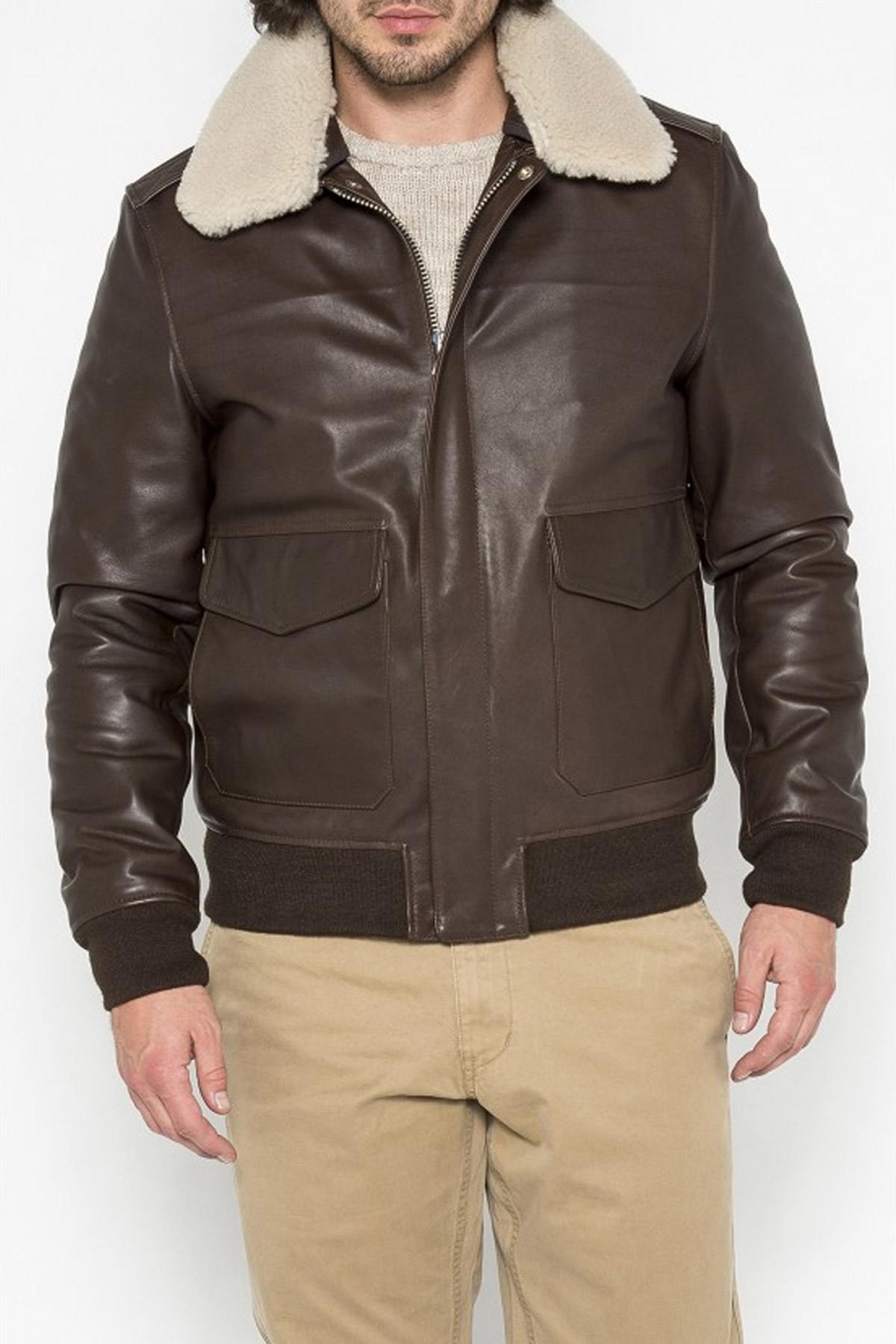 Brown bomber jacket with white removable collar - Image n°1