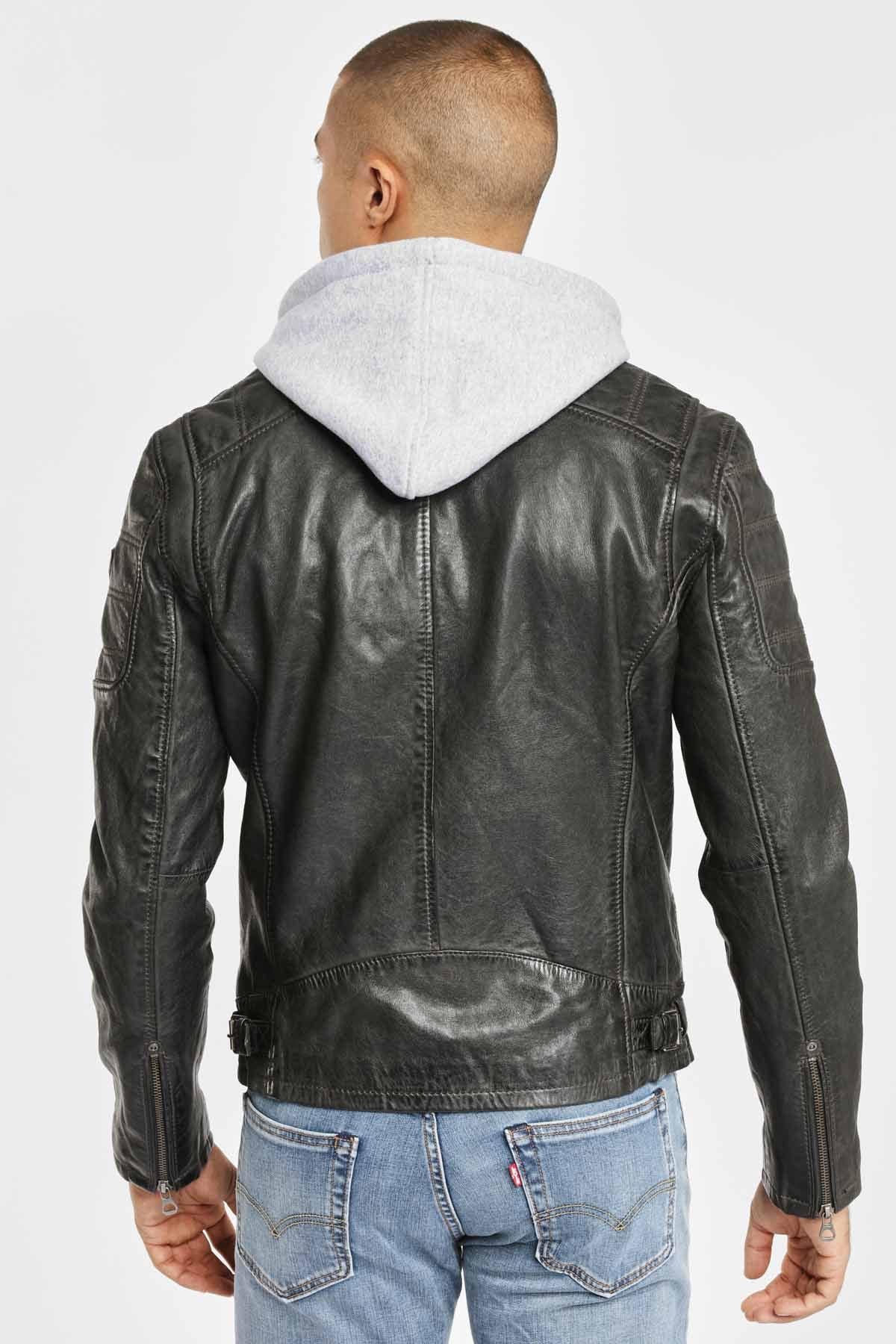 Anthracite biker look leather jacket - Image n°5