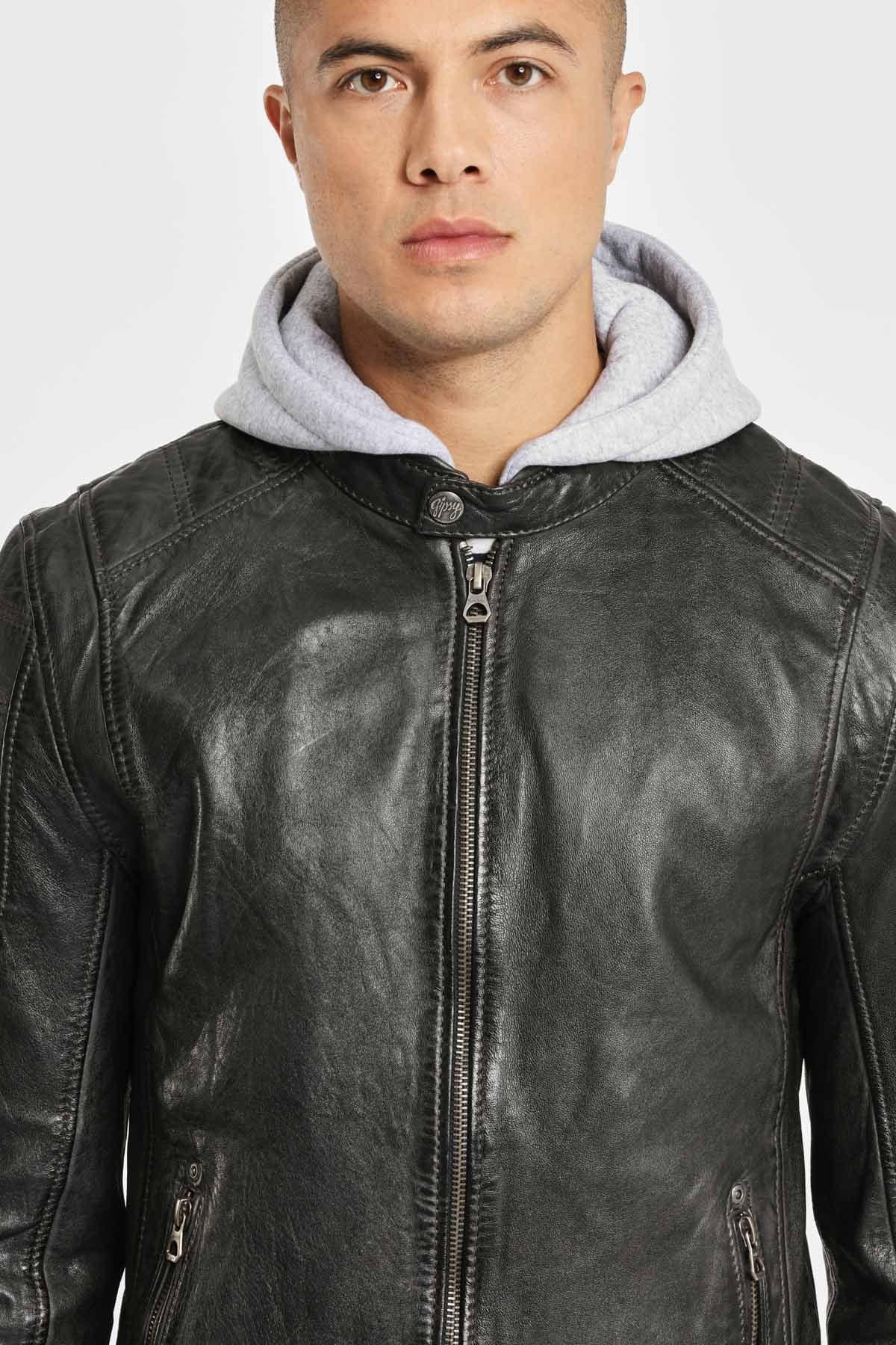 Anthracite biker look leather jacket - Image n°6