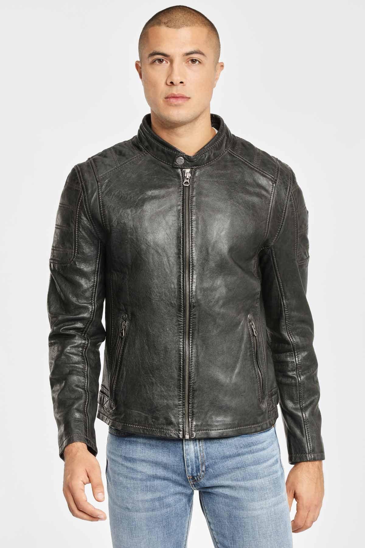 Anthracite biker look leather jacket - Image n°2