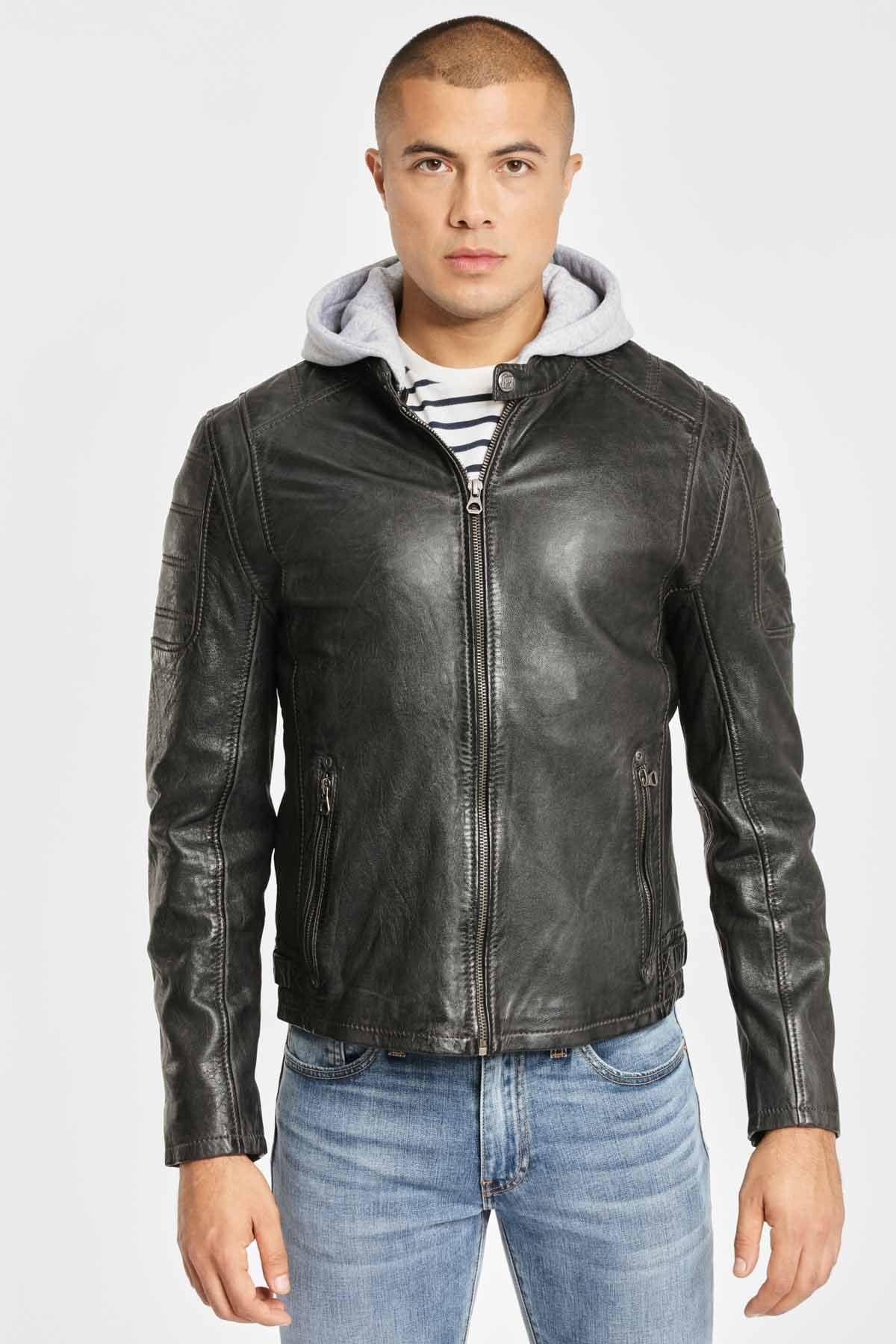 Anthracite biker look leather jacket - Image n°1