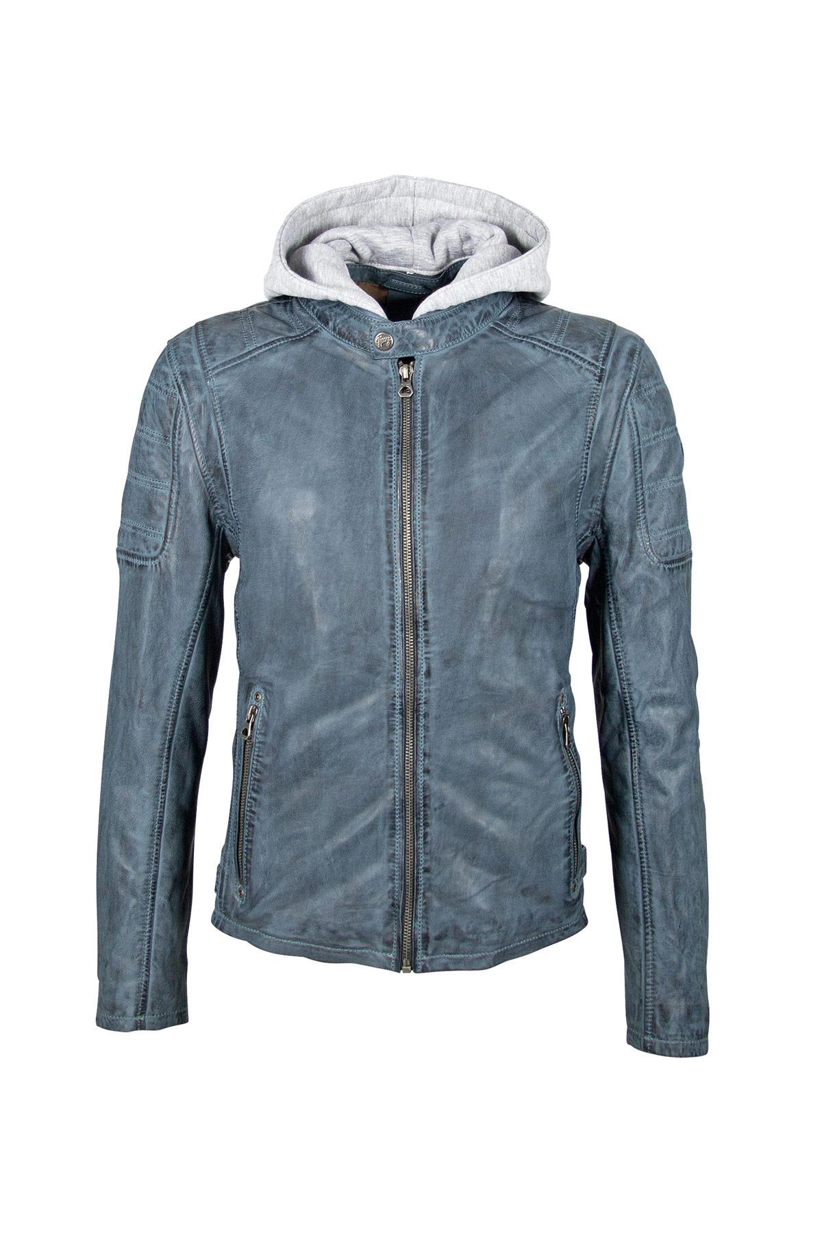 Blue leather jacket with removable hood - Image n°7