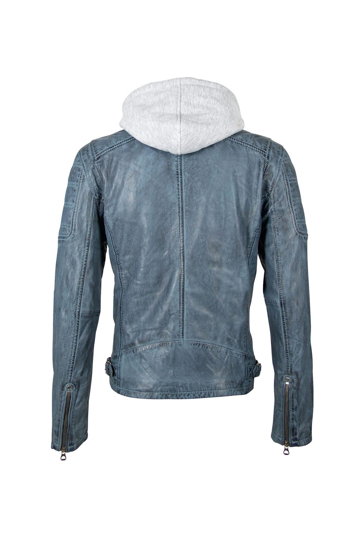 Blue leather jacket with removable hood - Image n°9