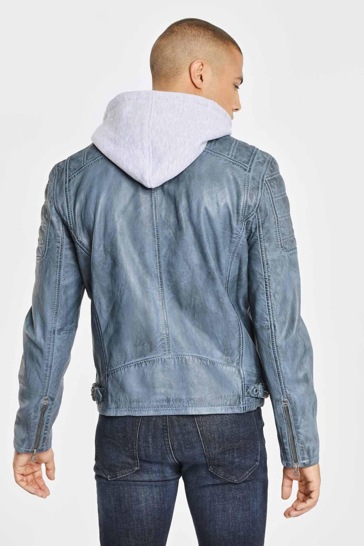 Blue leather jacket with removable hood - Image n°4