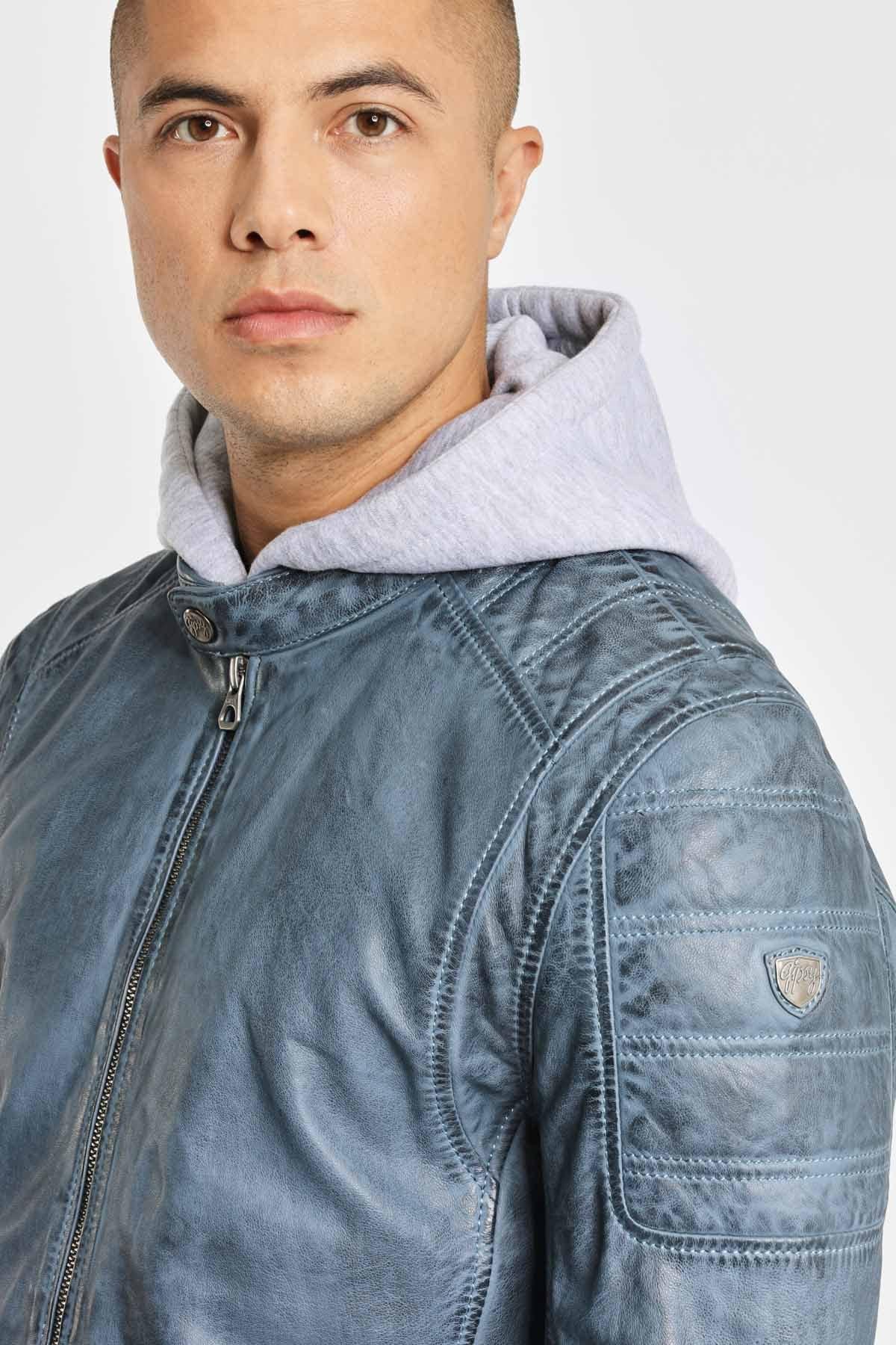 Blue leather jacket with removable hood - Image n°6