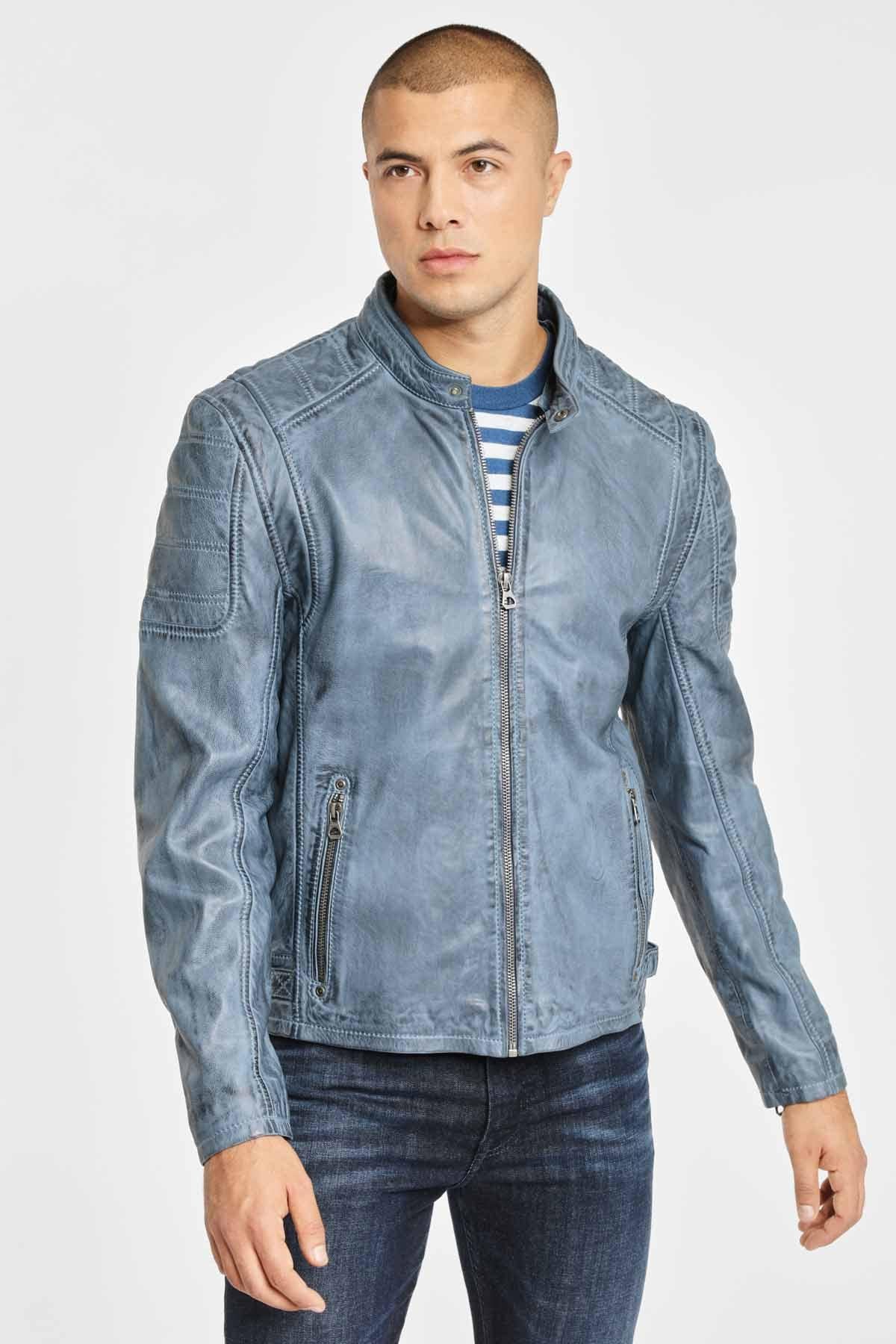 Blue leather jacket with removable hood - Image n°2