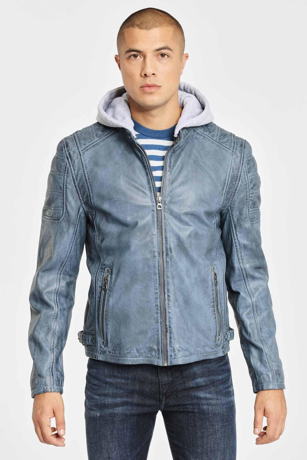 Blue leather jacket with removable hood - Image n°1