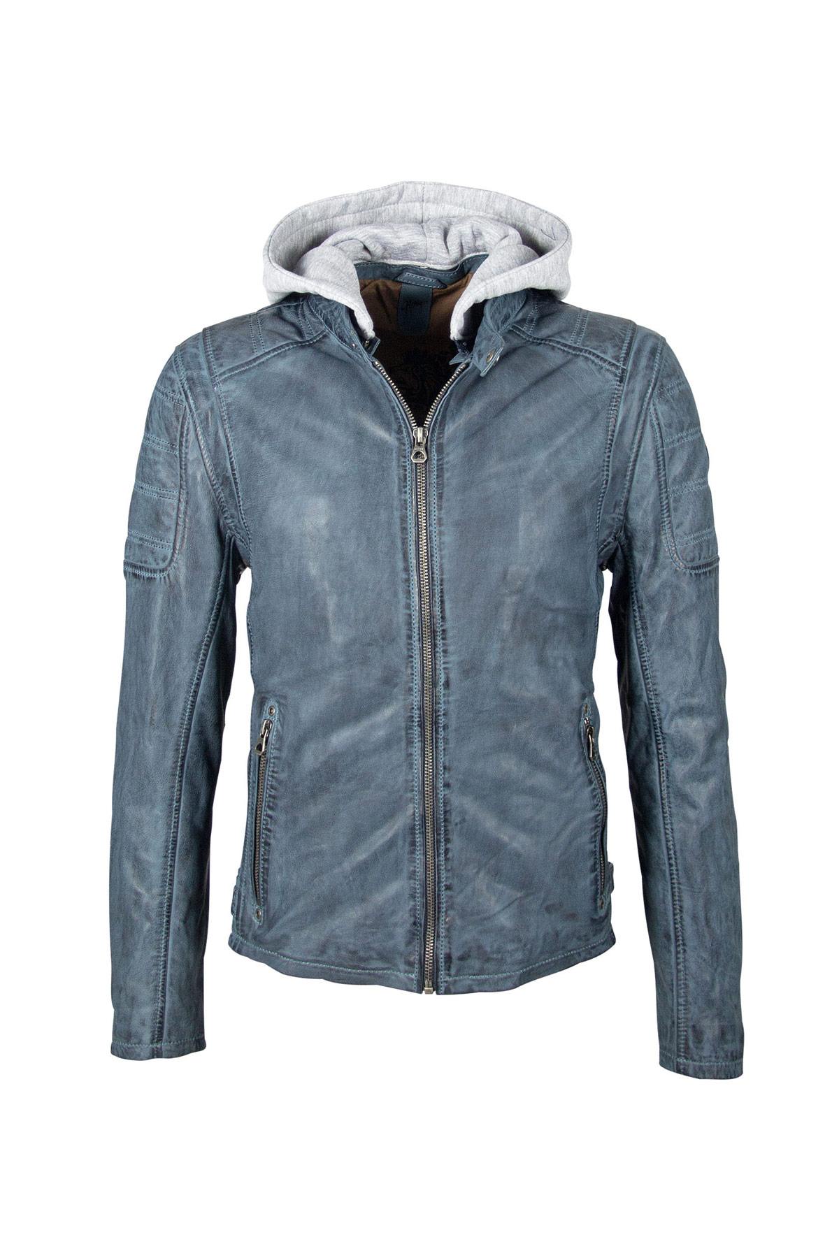 Blue leather jacket with removable hood - Image n°8