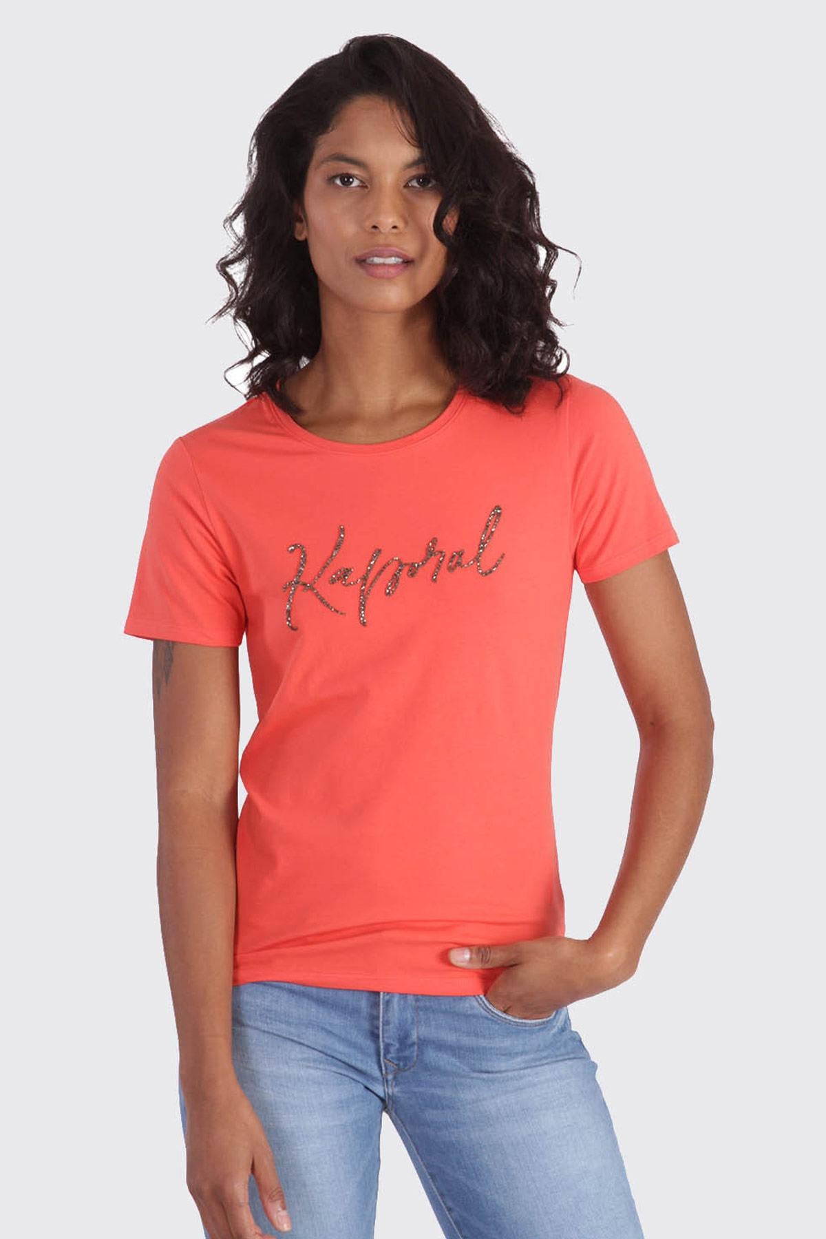 Orange fitted T-shirt with pearl - Image n°1