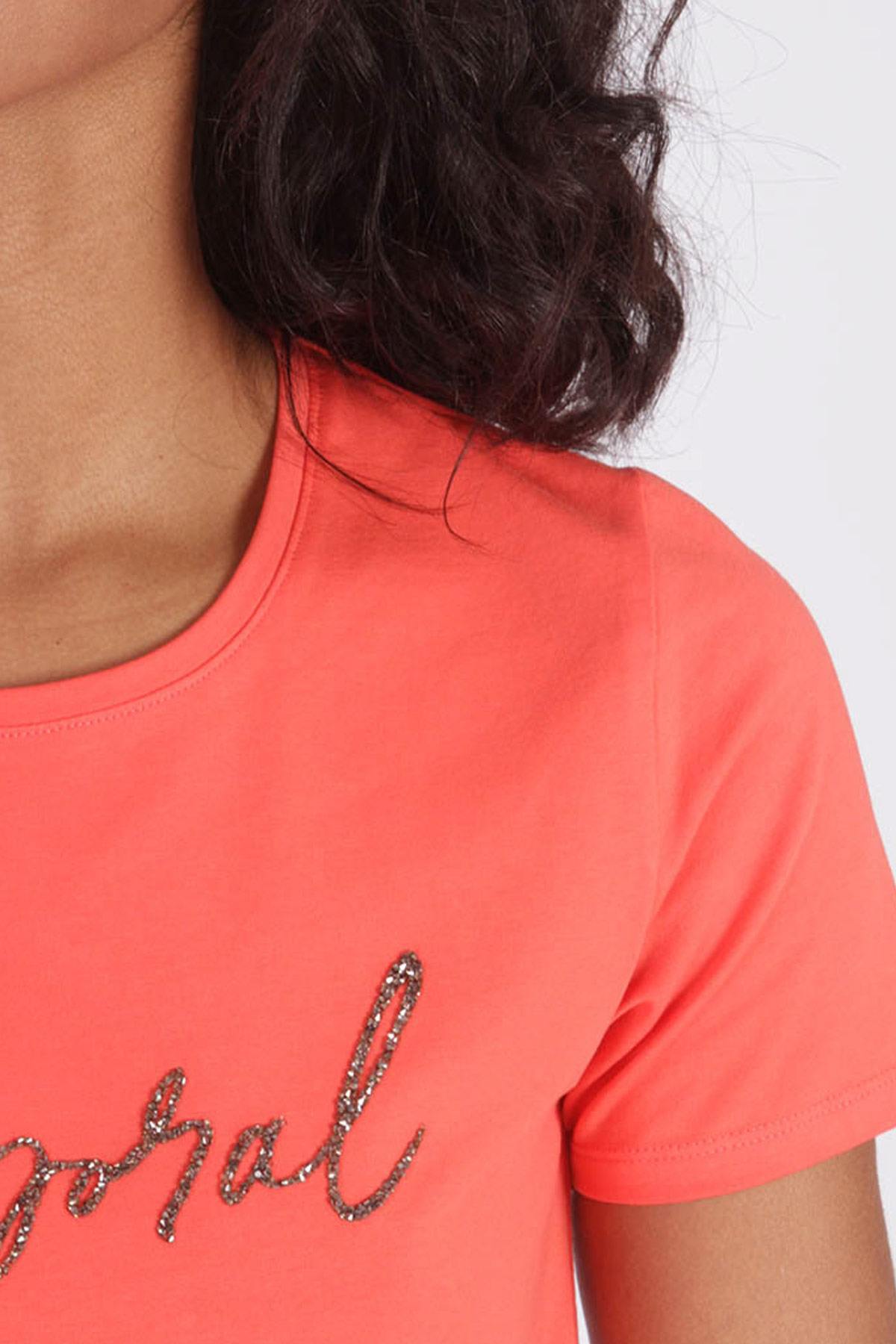 Orange fitted T-shirt with pearl - Image n°4