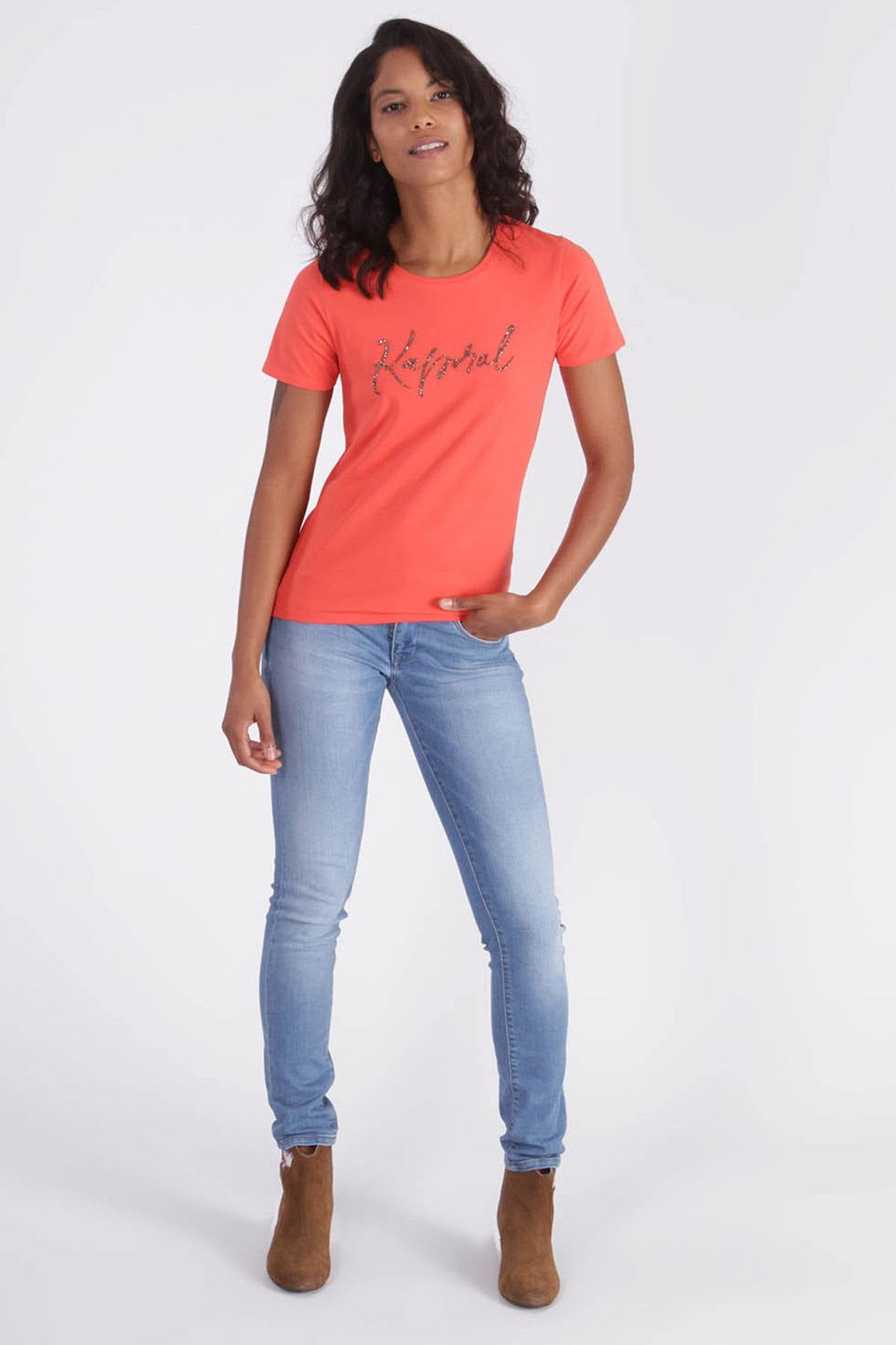 Orange fitted T-shirt with pearl - Image n°2