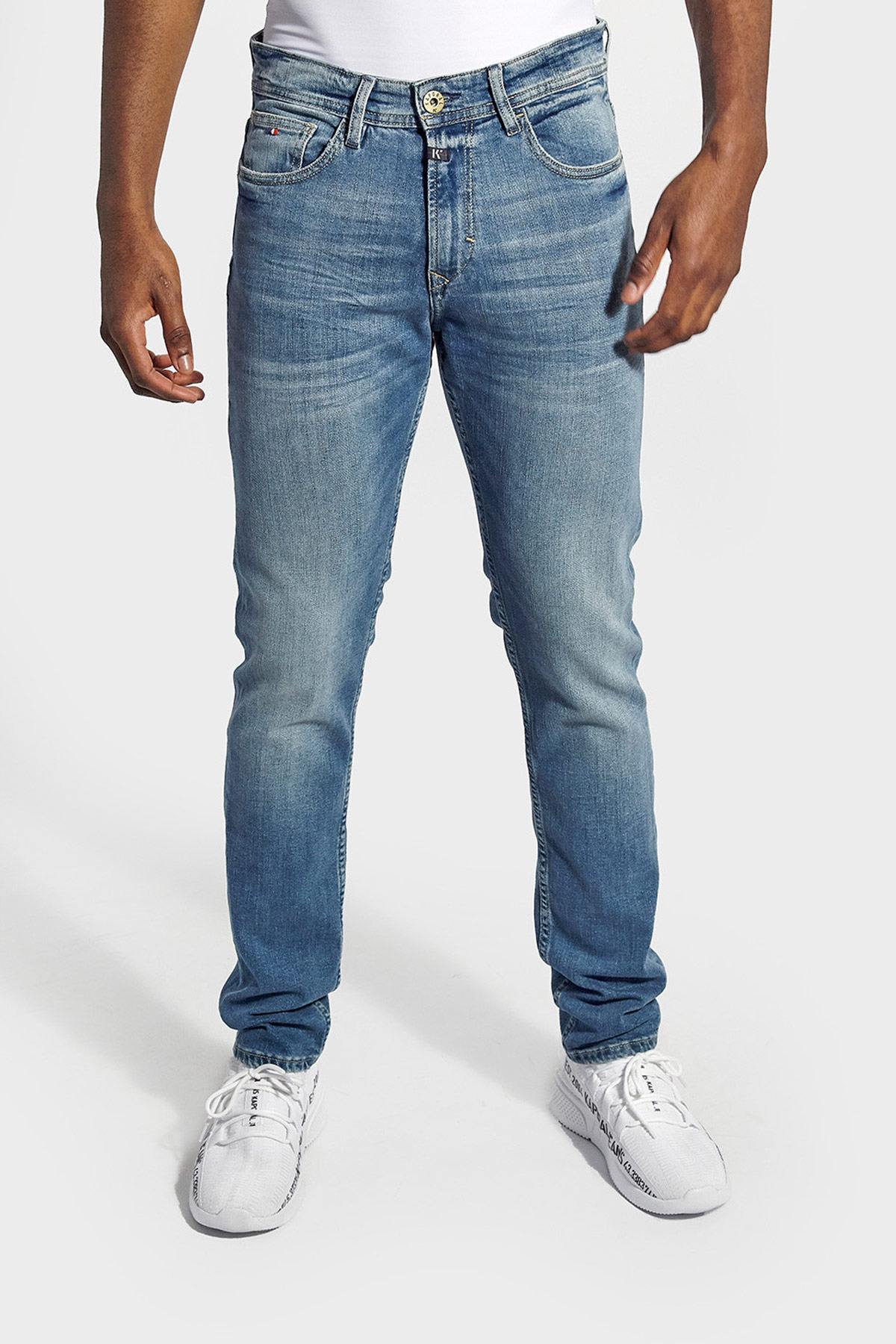 Light blue slim-fit washed-effect jeans - Image n°1