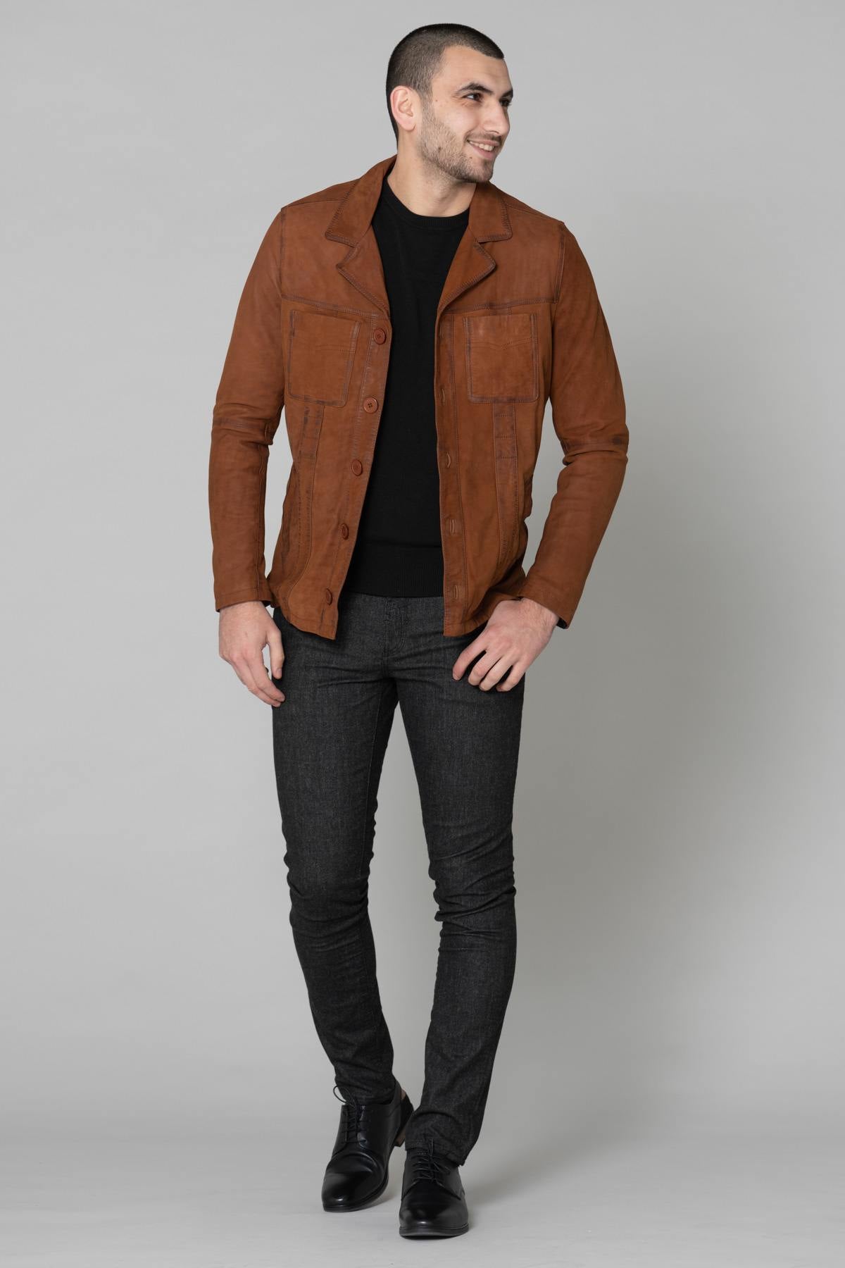 Men's brown suede leather blazer - Image n°3