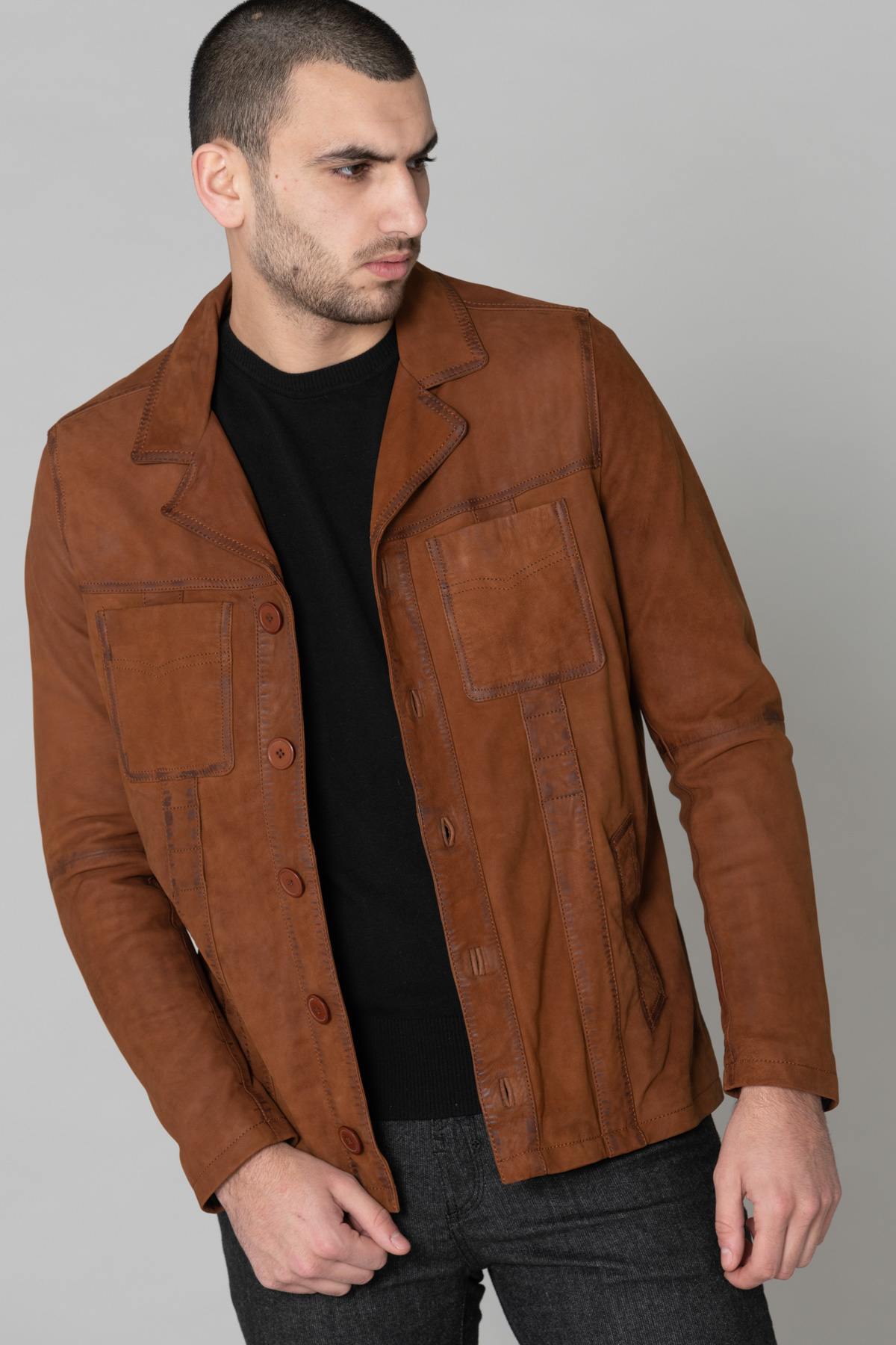 Men's brown suede leather blazer - Image n°1