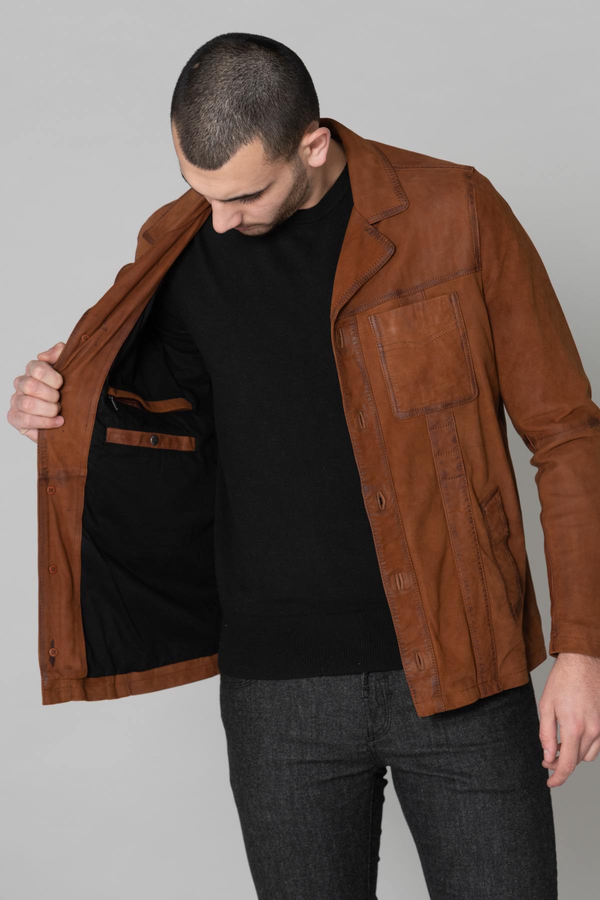 Men's brown suede leather blazer - Image n°5