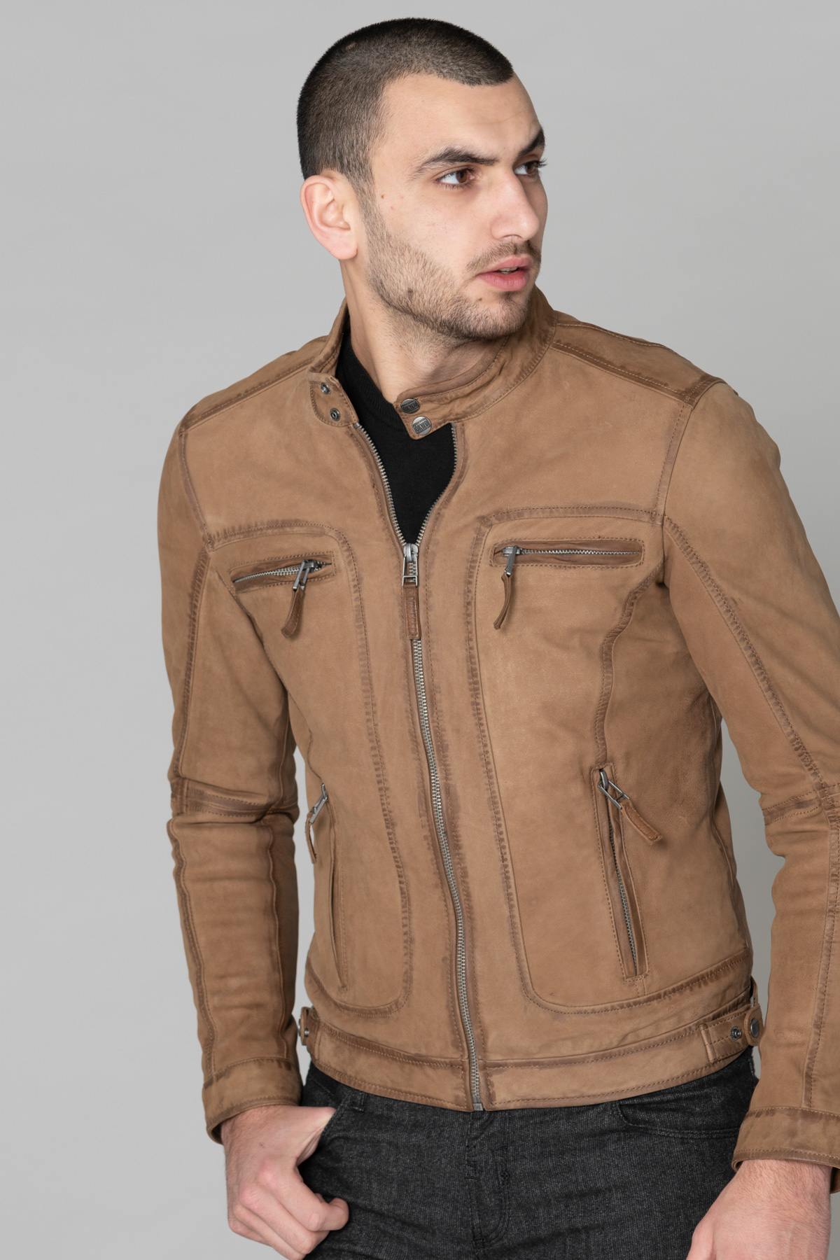 Coffee-colored nubuck leather jacket - Image n°1