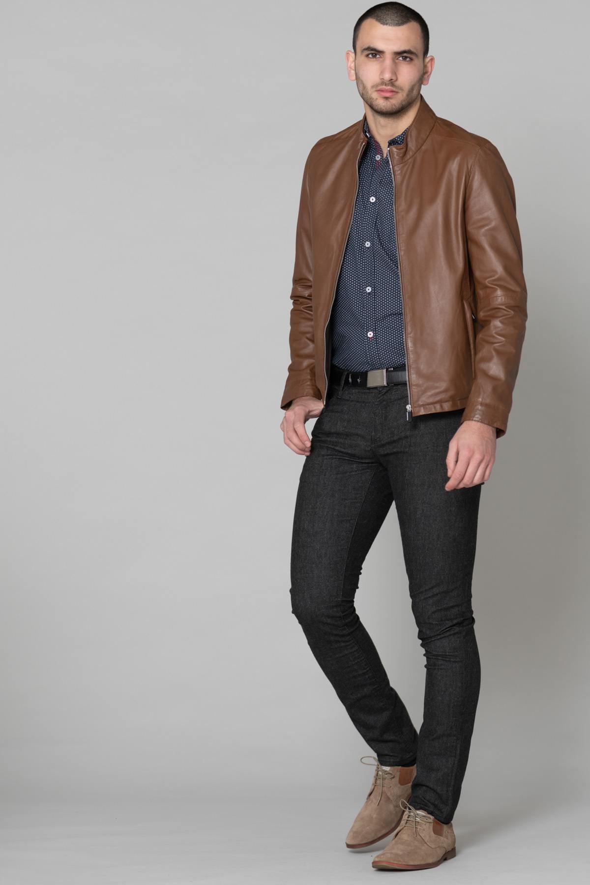 Cognac sheepskin leather jacket - Image n°2